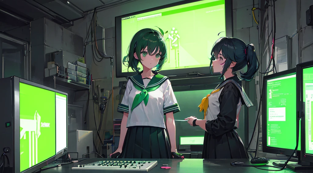 (3 girls, black hair, green eyes, sailor suit, kawaii, operator), (green cyberpunk, room with big monitors, green neon)
