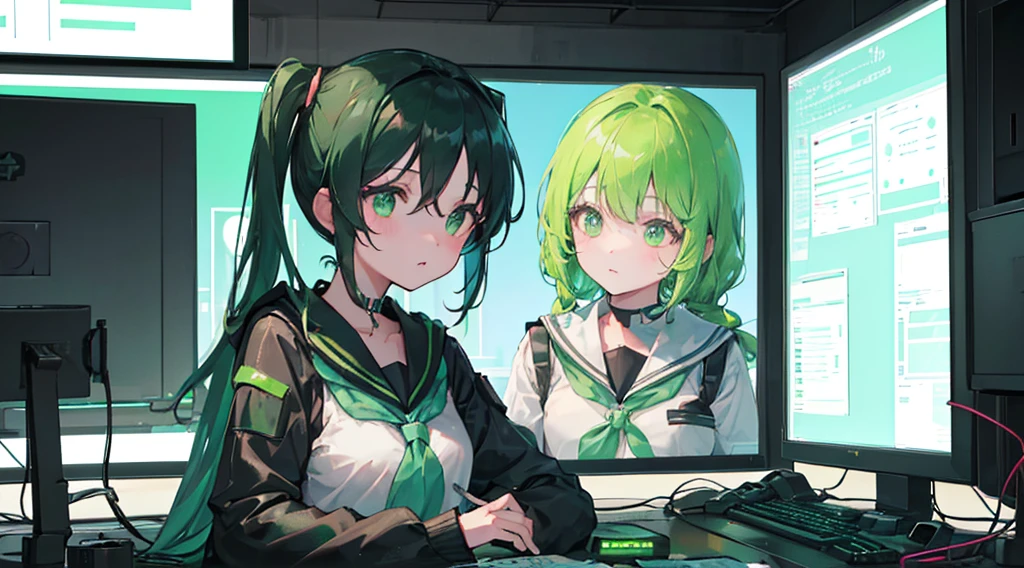 (3 girls, black hair, green eyes, sailor suit, kawaii, operator), (green cyberpunk, room with big monitors, green neon)