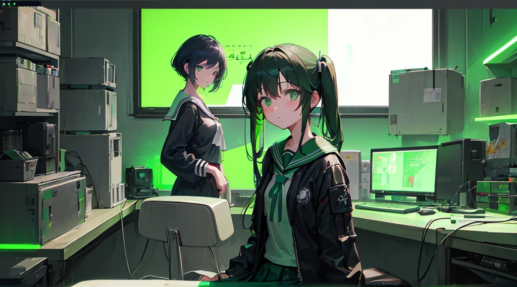 (3 girls, black hair, green eyes, sailor suit, kawaii, operator), (green cyberpunk, room with big monitors, green neon)