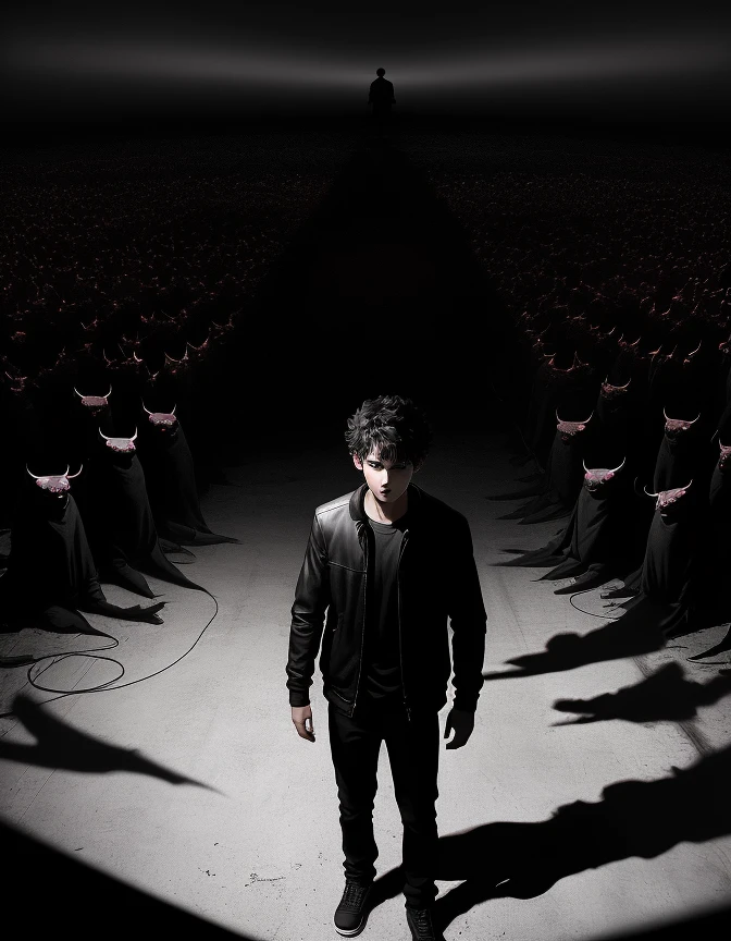 Lonely boy in a pitch black room surrounded by Demons and shadows