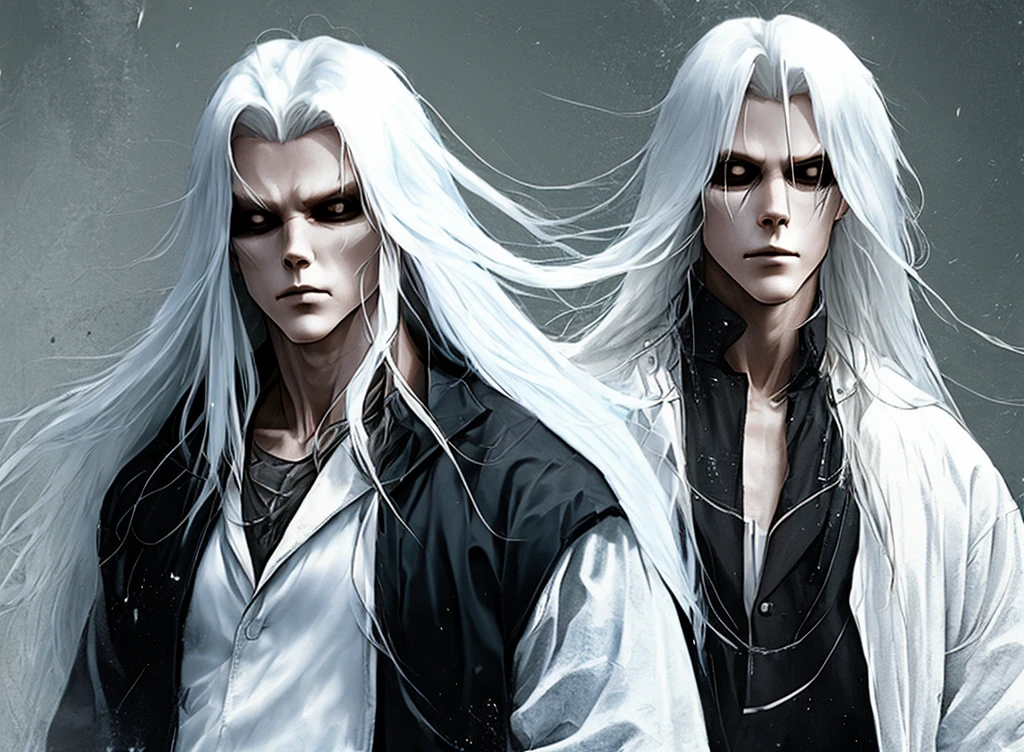 Anima guy with long white hair creepy vibe straitjacket on
