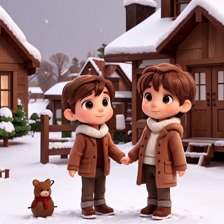A little boy , 6 years old , brown hair,dressed winter,its snowing ,outside,house garden,making a snowman with his little brown hair sister