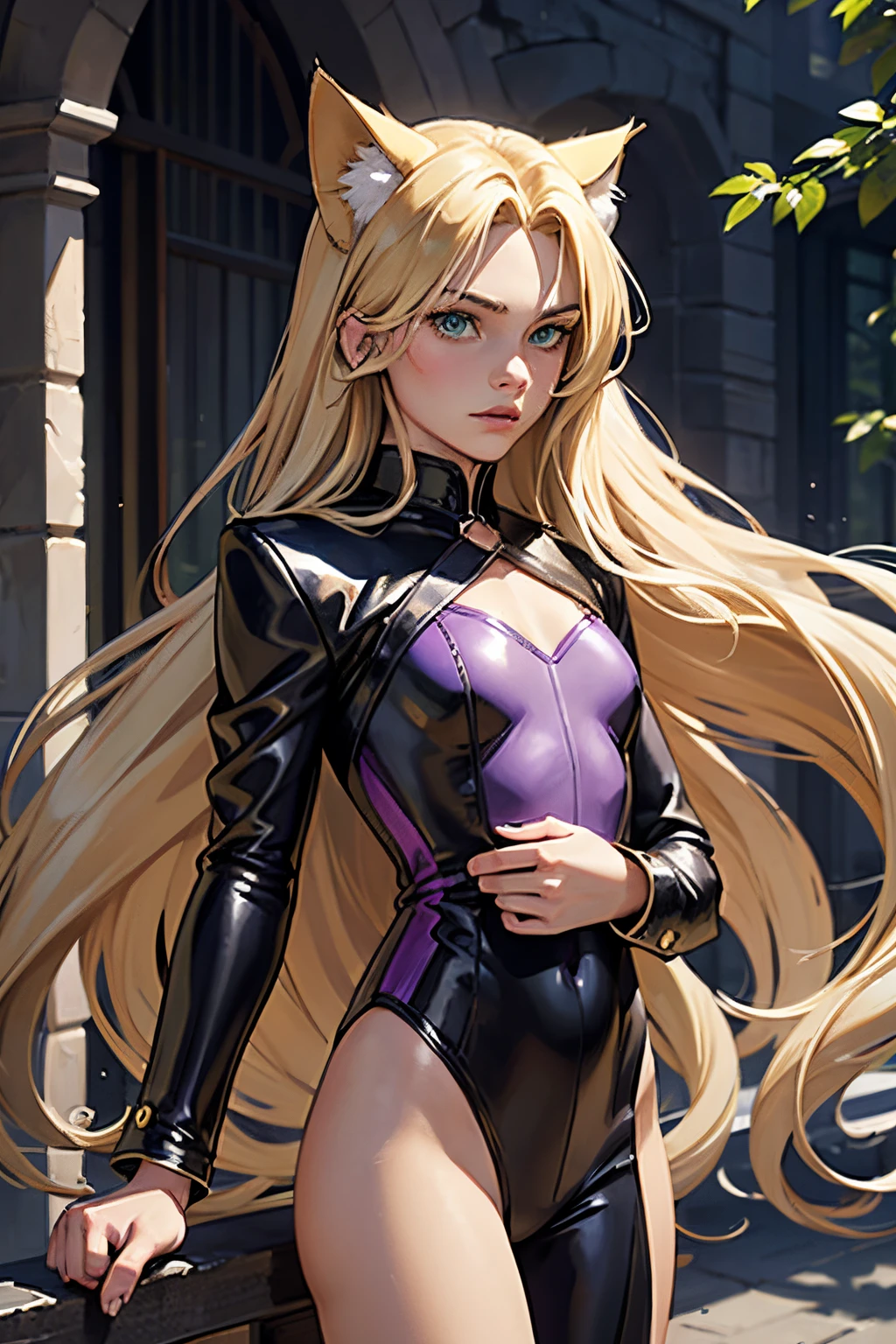 , long blond hair, flowing blond hair, cat ears, green eyes, in a purple, black and white leather suit, high quality, outside.