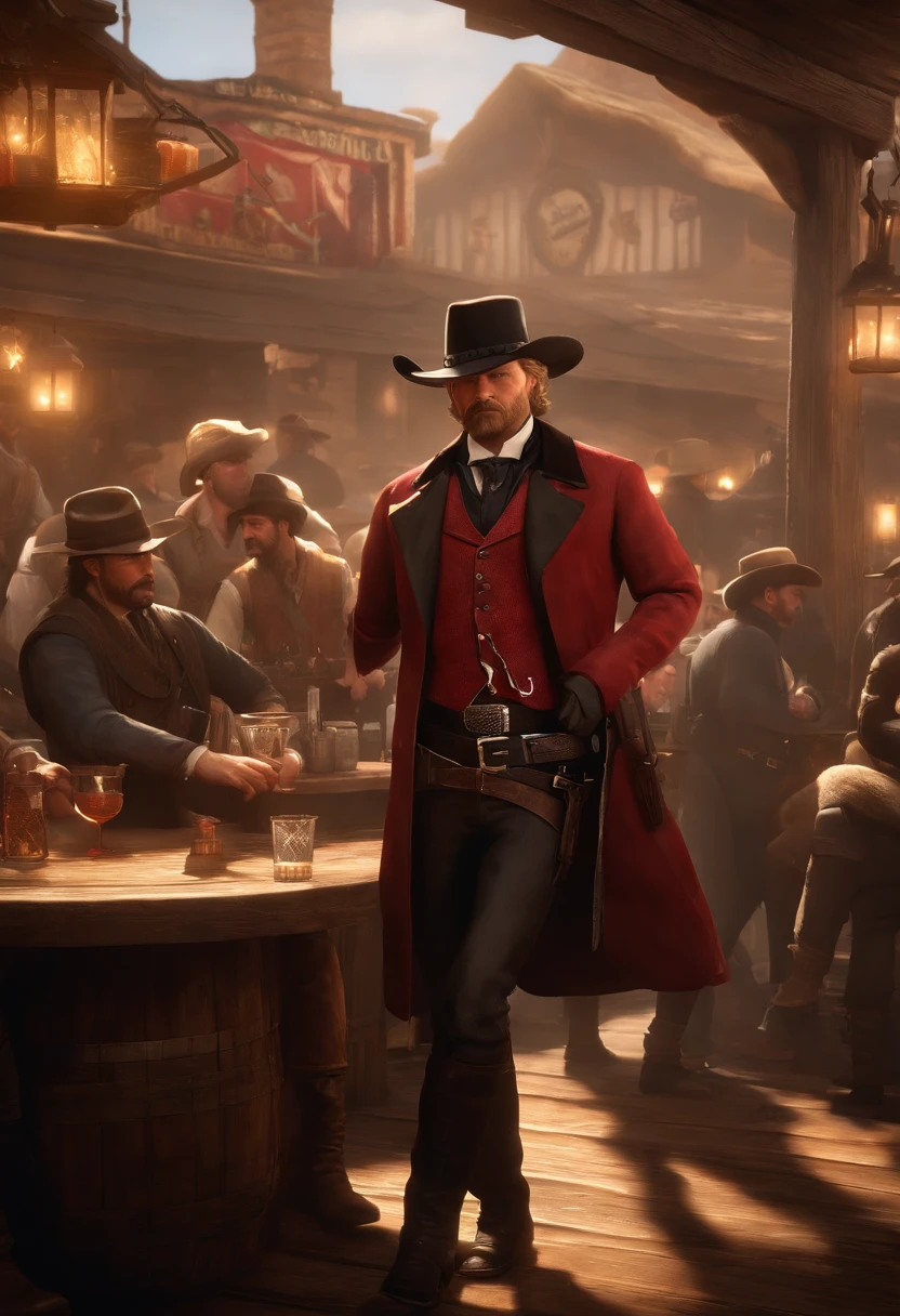 A photo of a rowdy saloon, with people dancing on tables, drinks being spilled, and general mayhem all around.,Red Dead Redemption 2,Micah has shoulder-length blond hair, along with a thick horseshoe mustache and side-whiskers. Micah is slightly portly and often wears an undone black leather coat, a red or black shirt accompanied by a red vest, a blue neckerchief, beige trousers, and a white hat., male