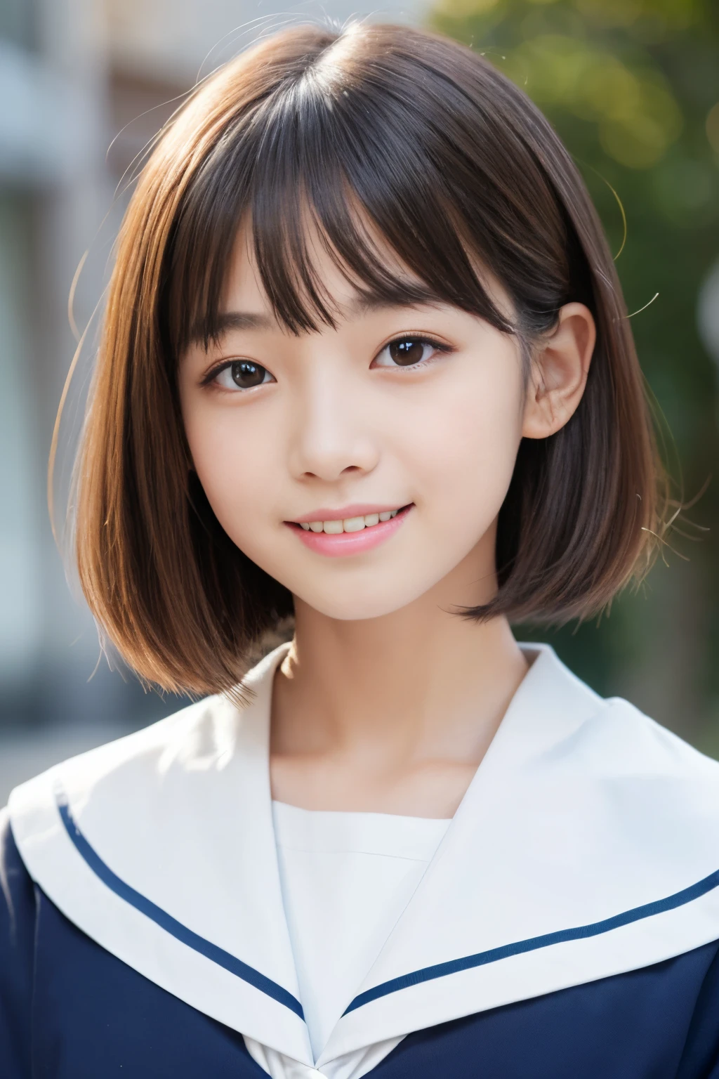 masutepiece, Best Quality, 8K、(Golden Ratio Face、Balanced eyes)、二重まぶた、An innocent face、Beautiful nasal muscles、a smile、lipgloss、Balanced style、Bob Hair、School Uniforms、a sailor suit