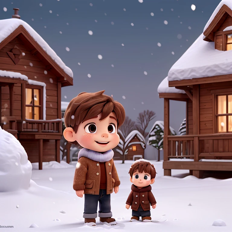 A little boy , 6 years old , brown hair,dressed winter,its snowing ,outside,house garden,A little boy , 6 years old , brown hair,dressed winter,its snowing ,outside,house garden,making a snowman with his 2 years old sister