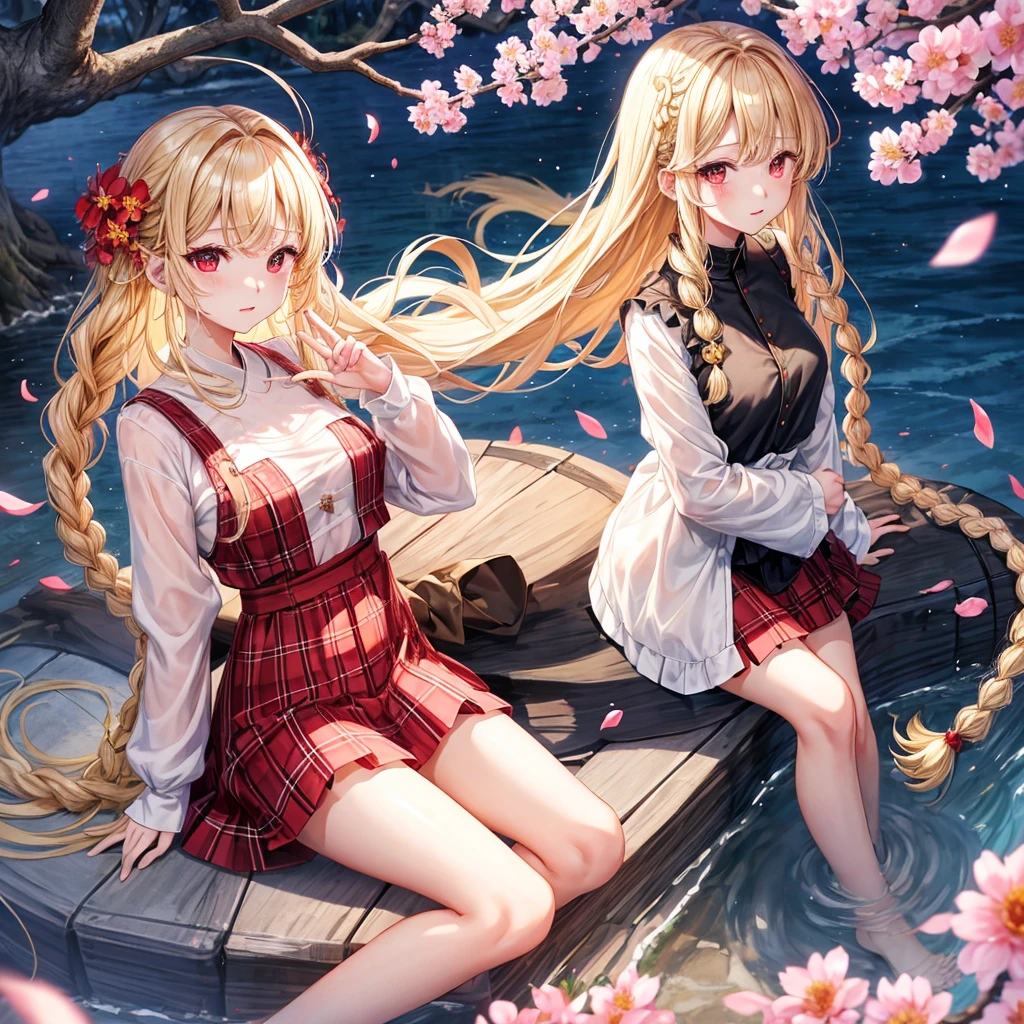 a blond、red eyes、Braids、one good looking girl、独奏、animesque、lightly dressed、Plaid miniskirt、flower petals、bare-legged、wetting hair、Black T-shirt、large tree、cherry trees、sea of clouds、evening glow