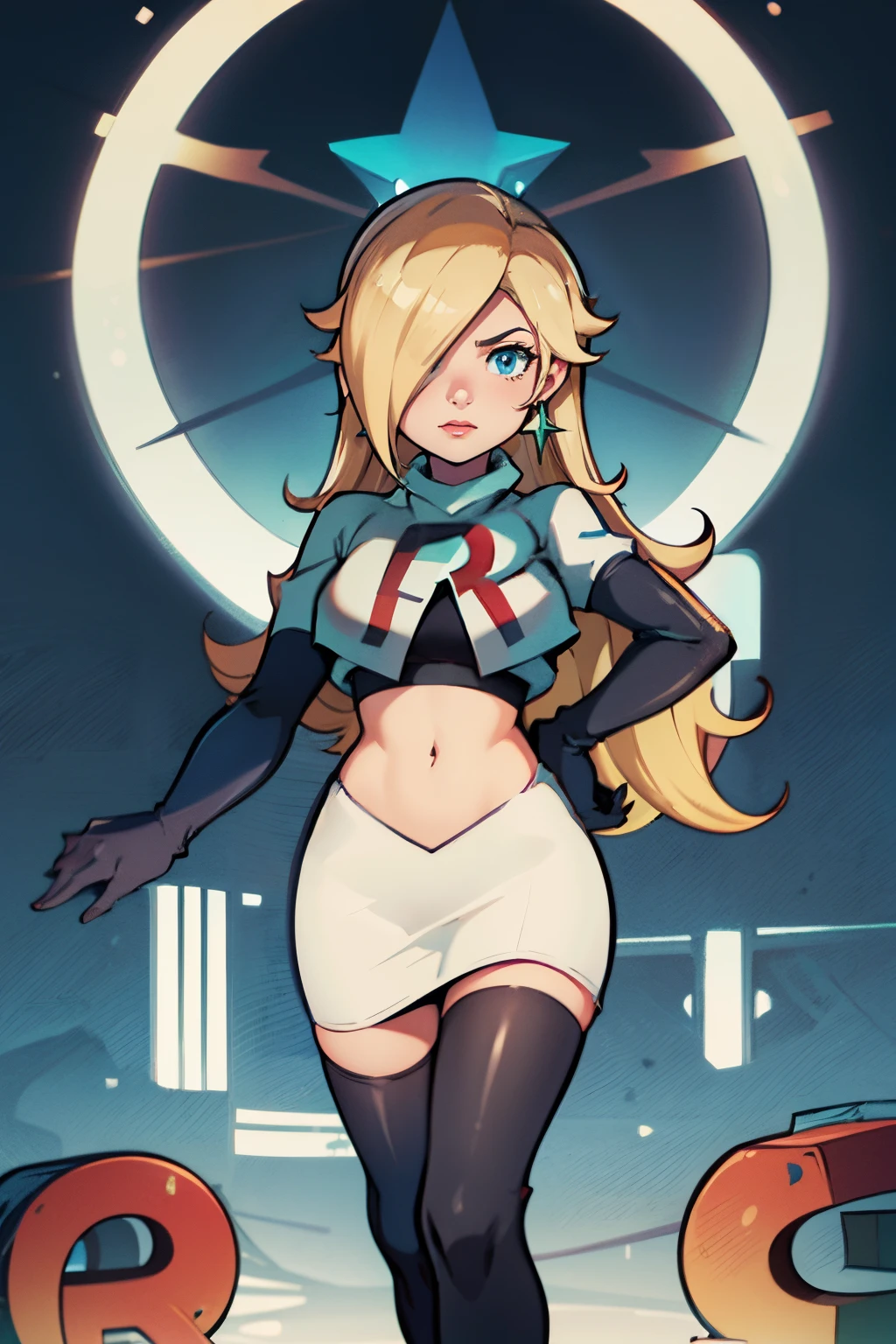 rosalina,team rocket,team rocket uniform, red letter R, white skirt,white crop top,black thigh-highs,black elbow gloves,