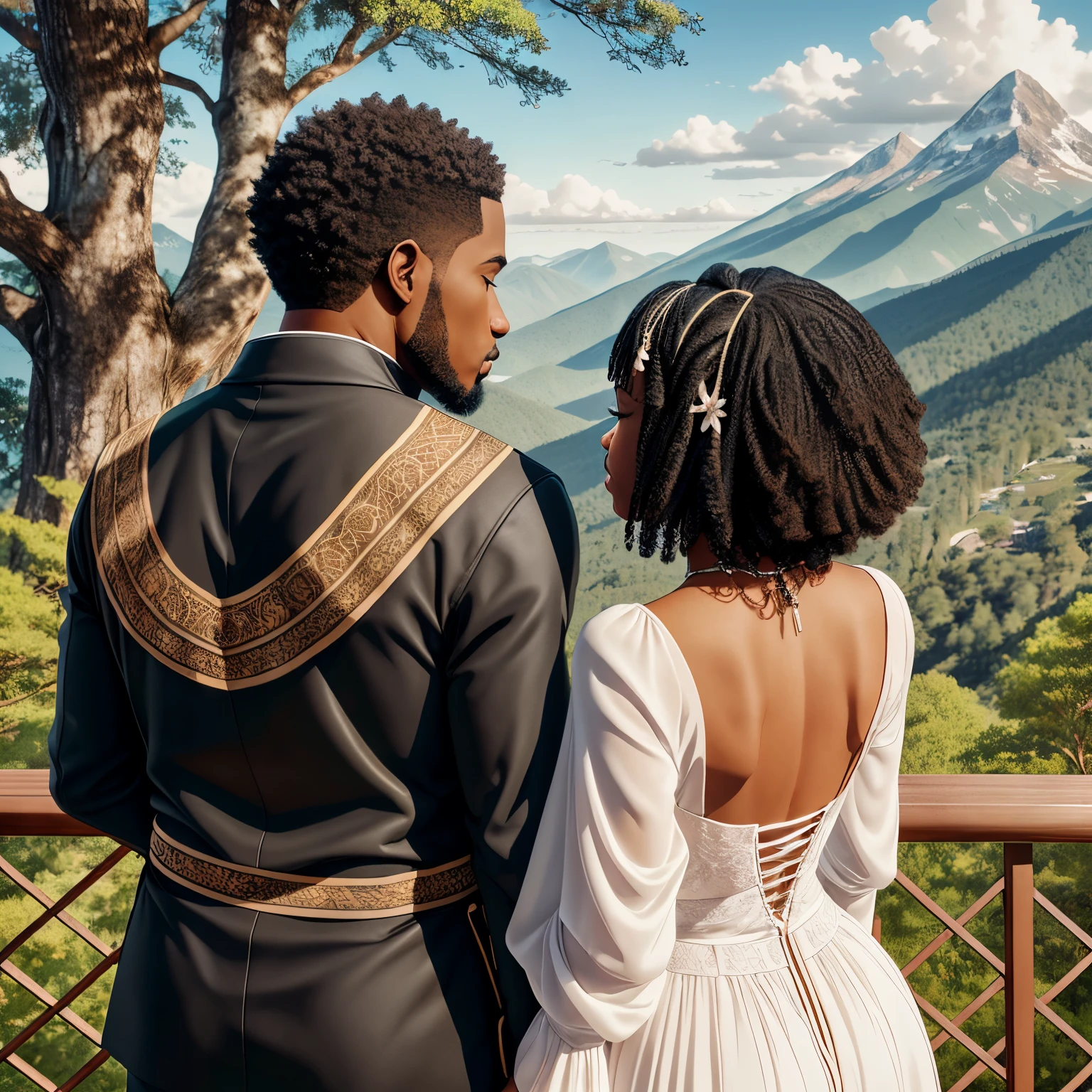 image of a Black couple facing away, gazing at the horizon, with a stunning mountain landscape adorned with trees. Emphasize details, ensuring the image conveys serenity and beauty, realistic image --auto --s2