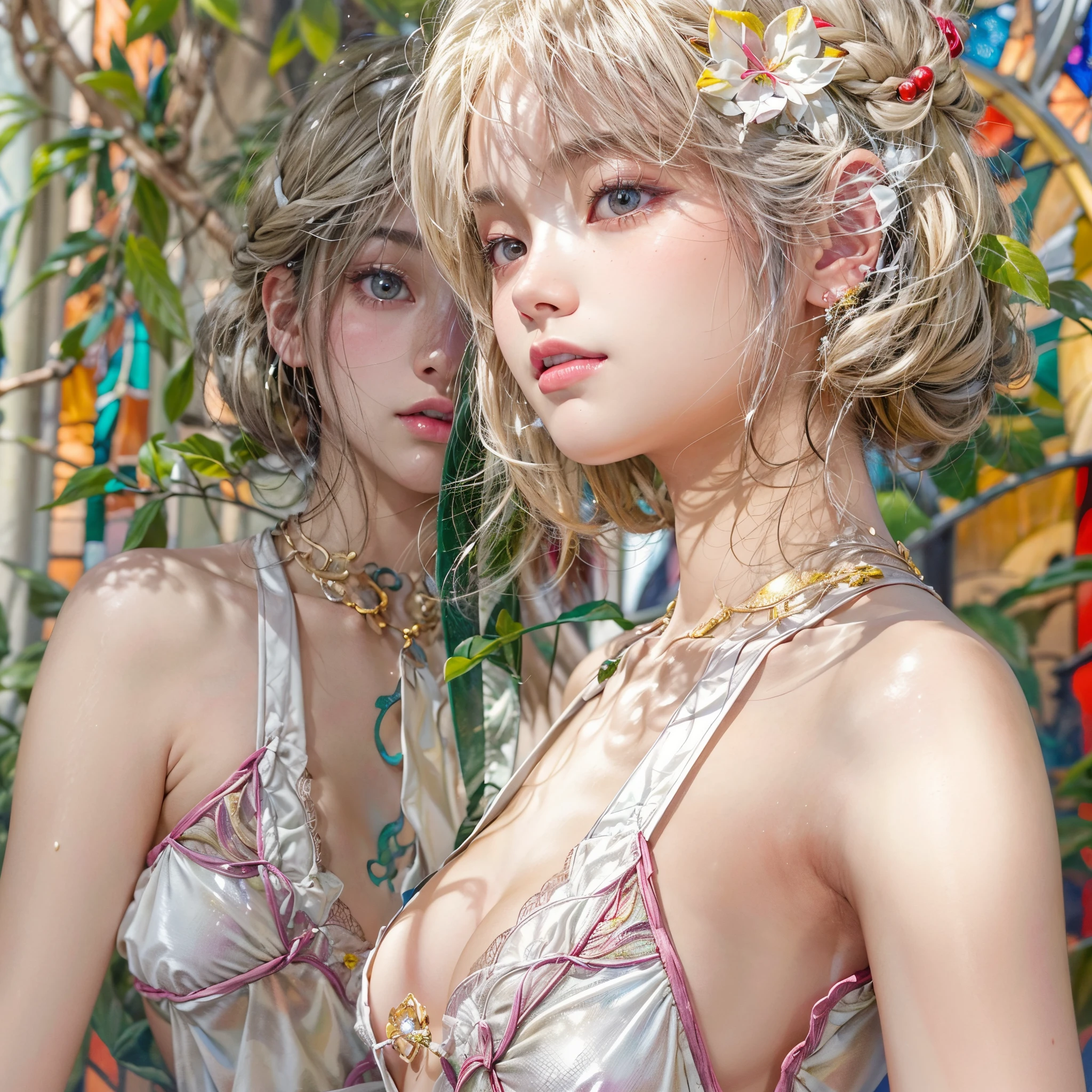 ( Masterpiece, White and vivid colors, (Exposed:1.2), (nipple:-0.9)), (((Renbutsu Misako|Misako Renbustu))), ((face variations)), { Navel | pretty Ass }, portrayed in the best quality and high resolution. The image should be ultra-detailed, realistic, and photorealistic with a touch of rawness. concept art. The color tone should be vibrant and vivid, enhancing the overall visual impact. (Whole Body proportions and all limbs are anatomically accurate), (Vivid Colorful light shines through the delicate stained glass). delicate limbs, Detail of sparkling oiled ivory skin, (short Bob, delicate wear) .