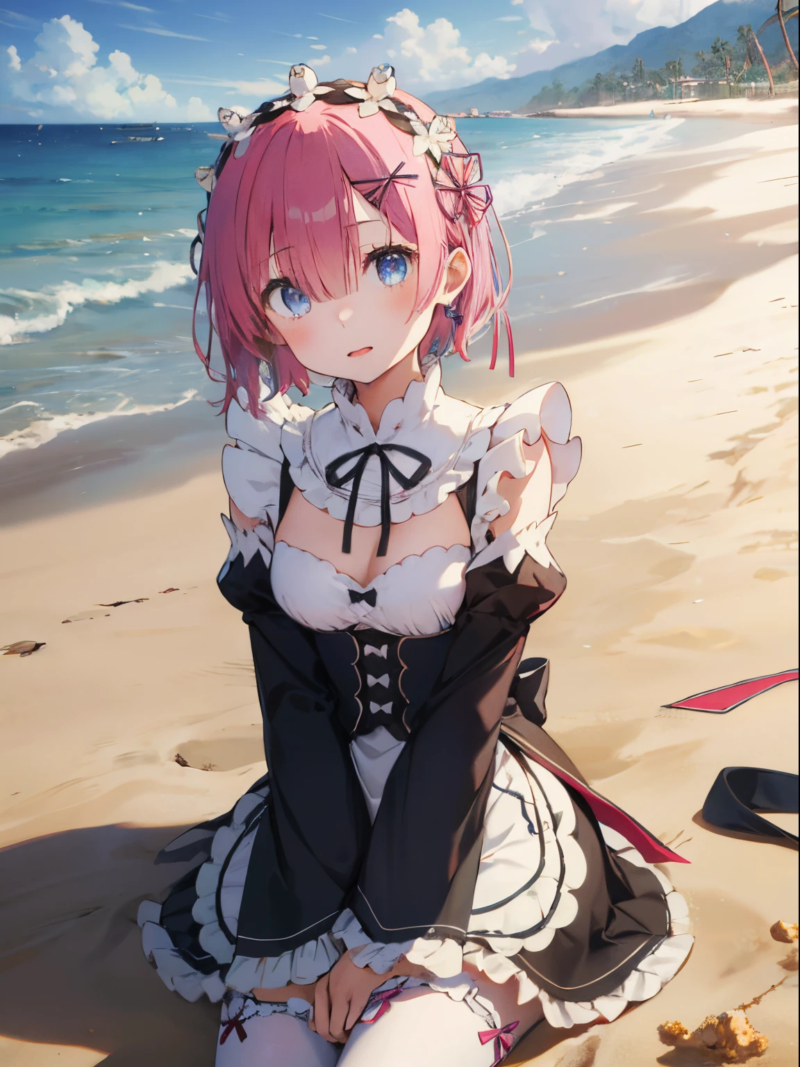 Ultra-detailed, High resolution, 8k, RAW Photos, Sandy Beach, _Againd_shirt、Againd clothes、Skirt、Sit on the beach、Ram＆Againmu、Fascinating、Sexy、View from the front、The absolute standard is the center of the navel、Cowboy Shot、Observe your audience、[3D Images:1.5],Attractive eyes(masterpiece:1.6、Highest quality)、Ram＆Againmu、(Two Girls:1.5)、maid, Hi-Agains, Ram\(Again:Stay Night\), Pink Hair, short hair, Red eyes, Hair above one eye, Ribbon trim, Hair Ribbon, x Hair accessories, Frills, maidの頭飾り, Waist apron, Garter Straps, Cute Couple、Mouth closed、Black Ribbon, Small Tits, Long sleeve, White apron, Neck ribbon, Purple ribbon, Wide sleeves, Flowers in hair, The absolute standard is the center of the navel、Cowboy Shot、look up