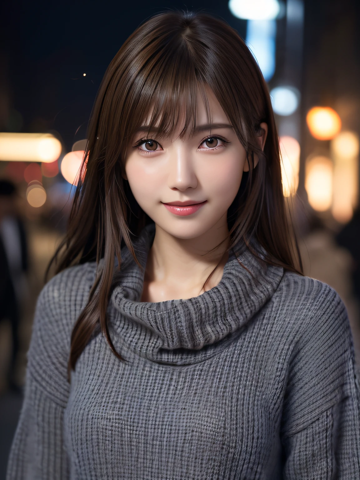 1 japanese girl,(Dark grey sweater:1.4),(wears a large muffler around his neck:1.2), (Raw photo, Best Quality), (Realistic, Photorealsitic:1.4), masutepiece, extremely delicate and beautiful, Extremely detailed, 8k wallpaper, amazing, finely detail, extremely detailed CG Unity, hight resolution, Soft light, Beautiful detailed 19 year old girl, extremely detailed eye and face, beautiful detailed nose, Beautiful detailed eyes,Cinematic lighting,city light at night,Perfect Anatomy,Slender body,Smiling  (hair messy, asymmetrical bangs, light brown hair,)