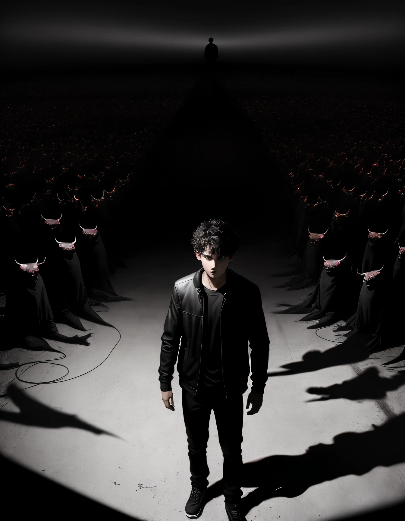 Lonely boy in a pitch black room surrounded by Demons and shadows