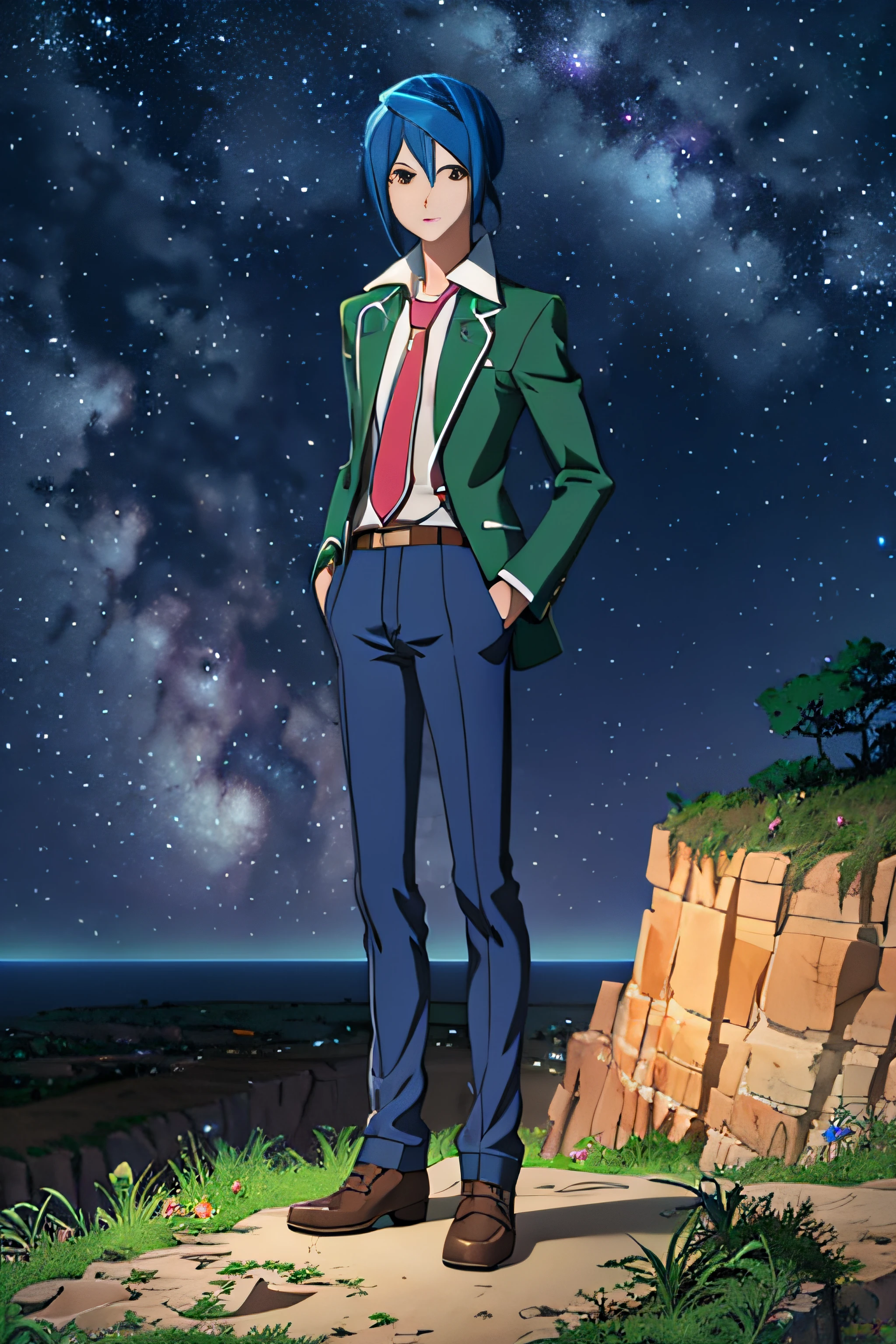 masterpiece, best quality, game cg, 1boy, solo, male focus, looking at viewer, full body, depth of field, sugata_shindou, blue hair, brown eyes, school uniform, at the top of a cliff, night starry sky, meteor shower