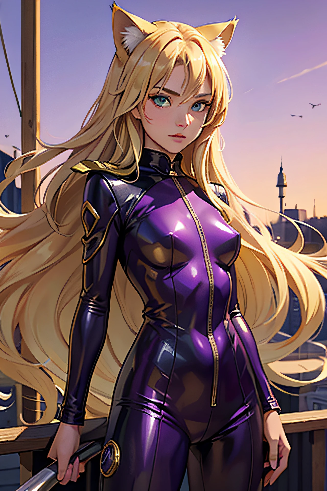 14 years old, girl, long blond hair, flowing blond hair, cat ears, green eyes, in a purple leather suit, high quality, outside.