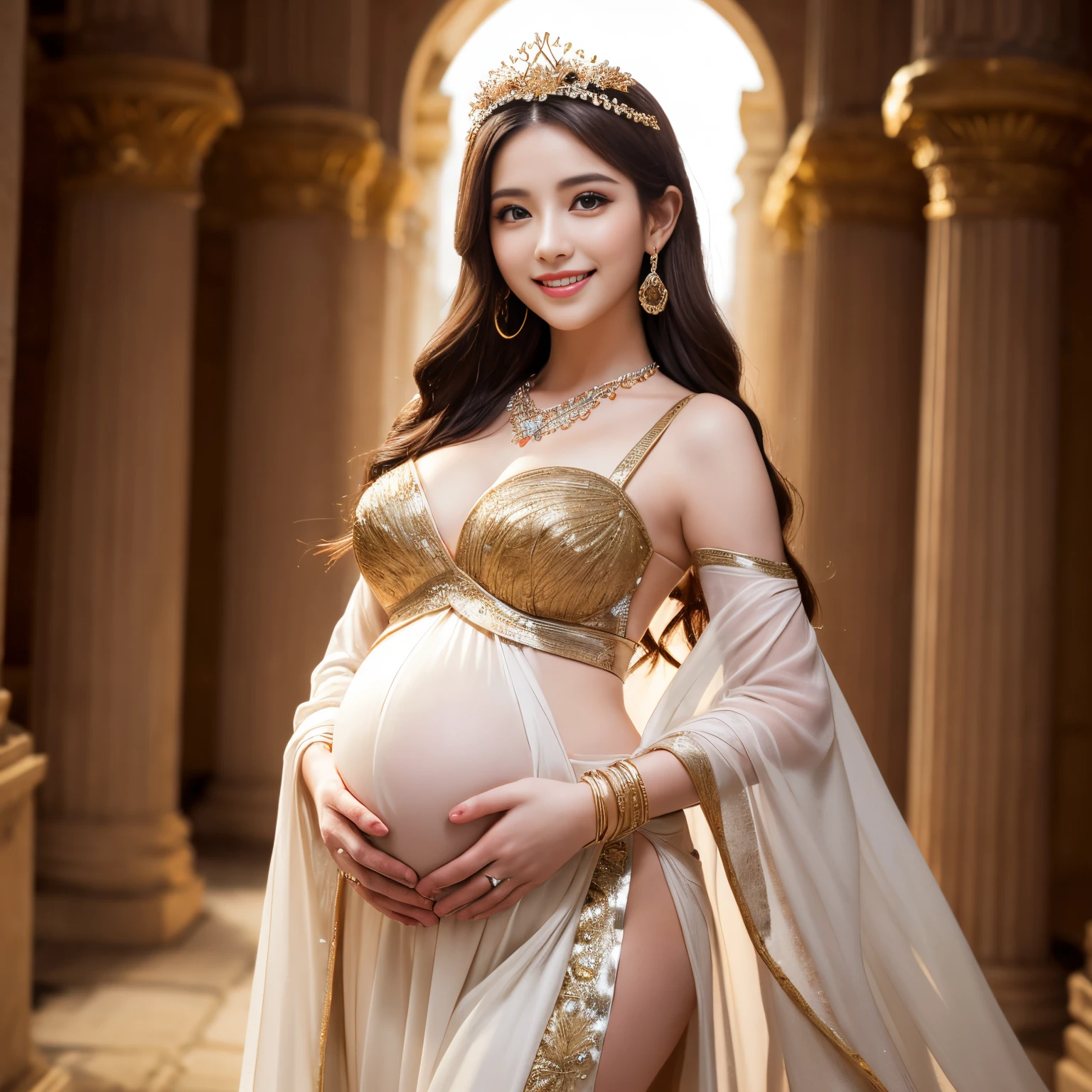 ((top-quality、masutepiece、8K、Top image quality))、goddess of greek mythology、Pregnant、Complete Greek mythology atmosphere、Goddess of Beauty、Aphrodite、the best smile when you look at me、The most beautiful goddesses、most gorgeous goddess costume、the most gorgeous greek mythology costumes、Complex and gorgeous backgrounds、The most gorgeous and dazzling goddess