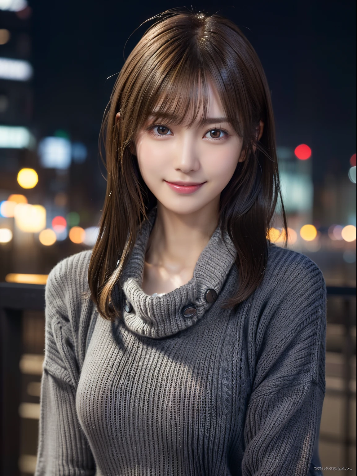 1 japanese girl,(Dark grey sweater:1.4),(wears a large muffler around his neck:1.2), (Raw photo, Best Quality), (Realistic, Photorealsitic:1.4), masutepiece, extremely delicate and beautiful, Extremely detailed, 8k wallpaper, amazing, finely detail, extremely detailed CG Unity, hight resolution, Soft light, Beautiful detailed 19 year old girl, extremely detailed eye and face, beautiful detailed nose, Beautiful detailed eyes,Cinematic lighting,city light at night,Perfect Anatomy,Slender body,Smiling  (hair messy, asymmetrical bangs, light brown hair,)