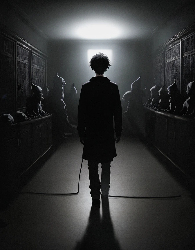 Lonely boy in a pitch black room surrounded by Demons and shadows