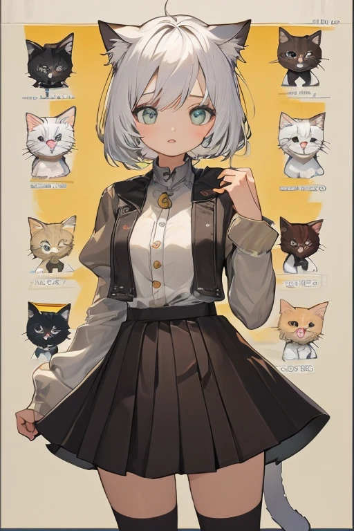 cat ears, white hair, character chart，teens girl，short  skirt