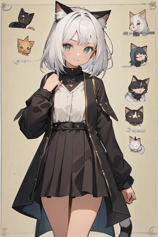 cat ears, white hair, character chart，teens girl，short  skirt