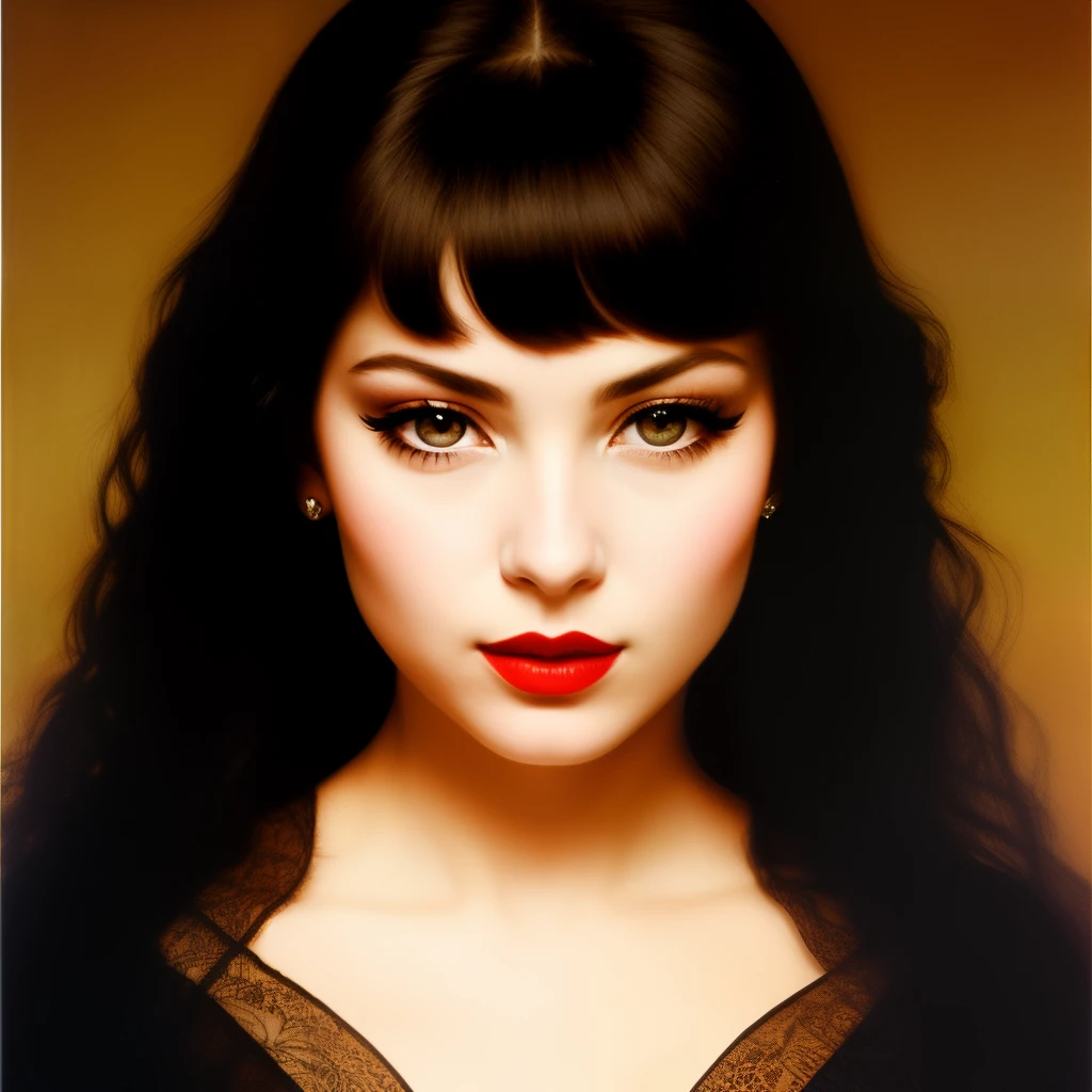 a young woman, with a triangular face, a small upturned nose, slightly large lips, professional makeup, a sensual face, black eyelashes, beautiful long dark, a sensual look, wearing red lipstick, a half-open mouth, wearing a dark blue corset, 80's film ,dvd screengrab movie, v-2-q4,black long hair,little eyescaravaggio, ivan kramskoy, jean michel basqu