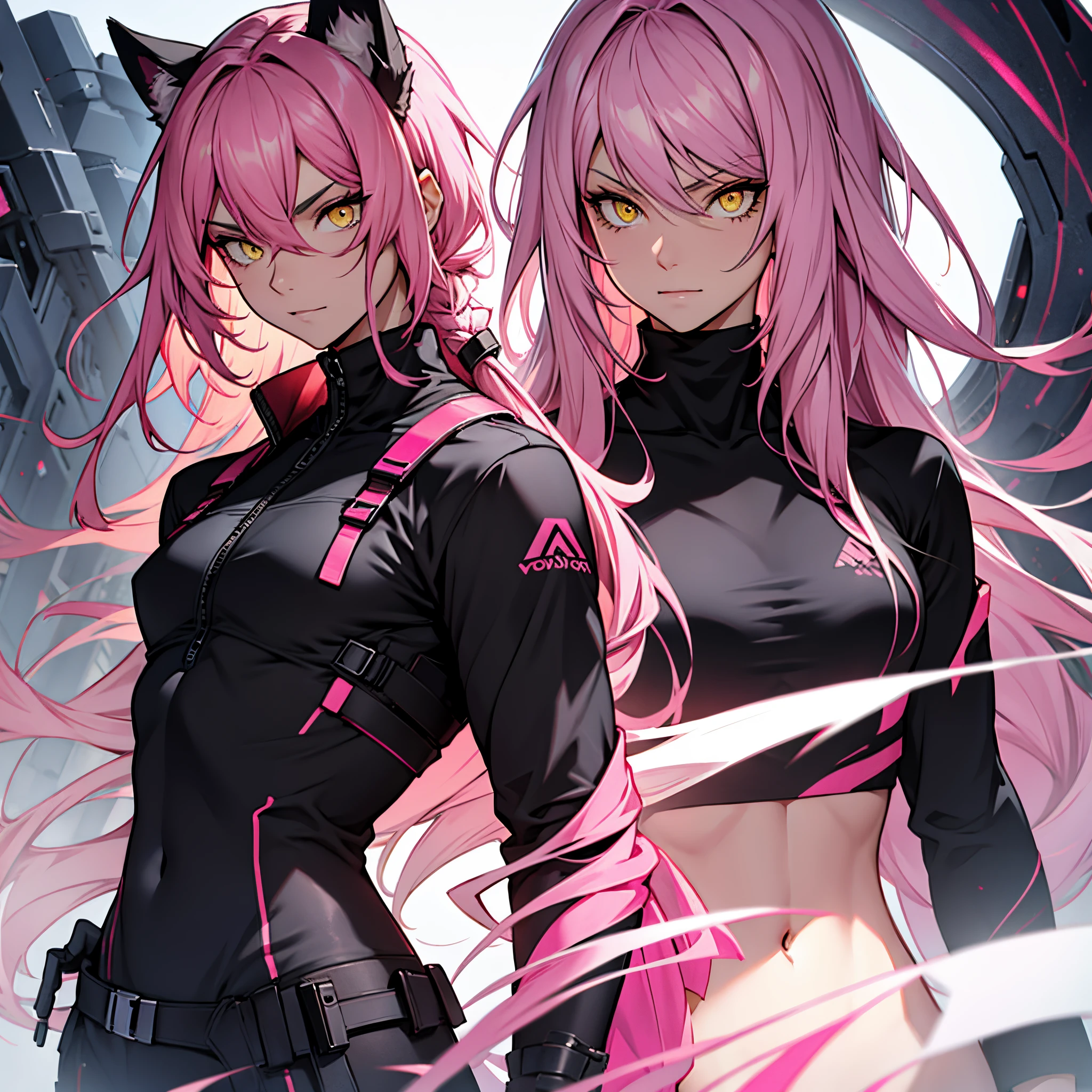 black and pink hair, yellow eyes, half body