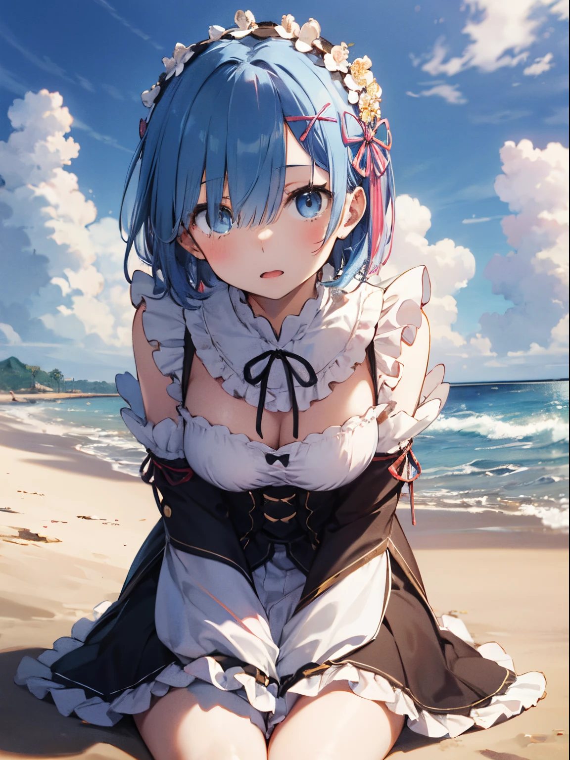 ultra-detailliert, hight resolution, 8K, Raw photo, sand beach, _white colors_Shirt、Plain white T-shirt、skirt by the、sit on beach、Ram＆Remu、Bewitching、A sexy、lightblue hair, shorth hair、front-facing view、The absolute standard is the center of the navel、Cowboy Shot、Watching the viewer、[3D images:1.5],Attractive eyes(​masterpiece:1.6、top-quality)、Ram＆Remu、(2 girls in:1.5)、A pink-haired, shorth hair, red eyes, Hair above one eye, Ribbon trim, Hair Ribbon,  Waist apron, cute couple、a closed mouth, small tits,  flower in hair, The absolute standard is the center of the navel、Cowboy Shot、up looking