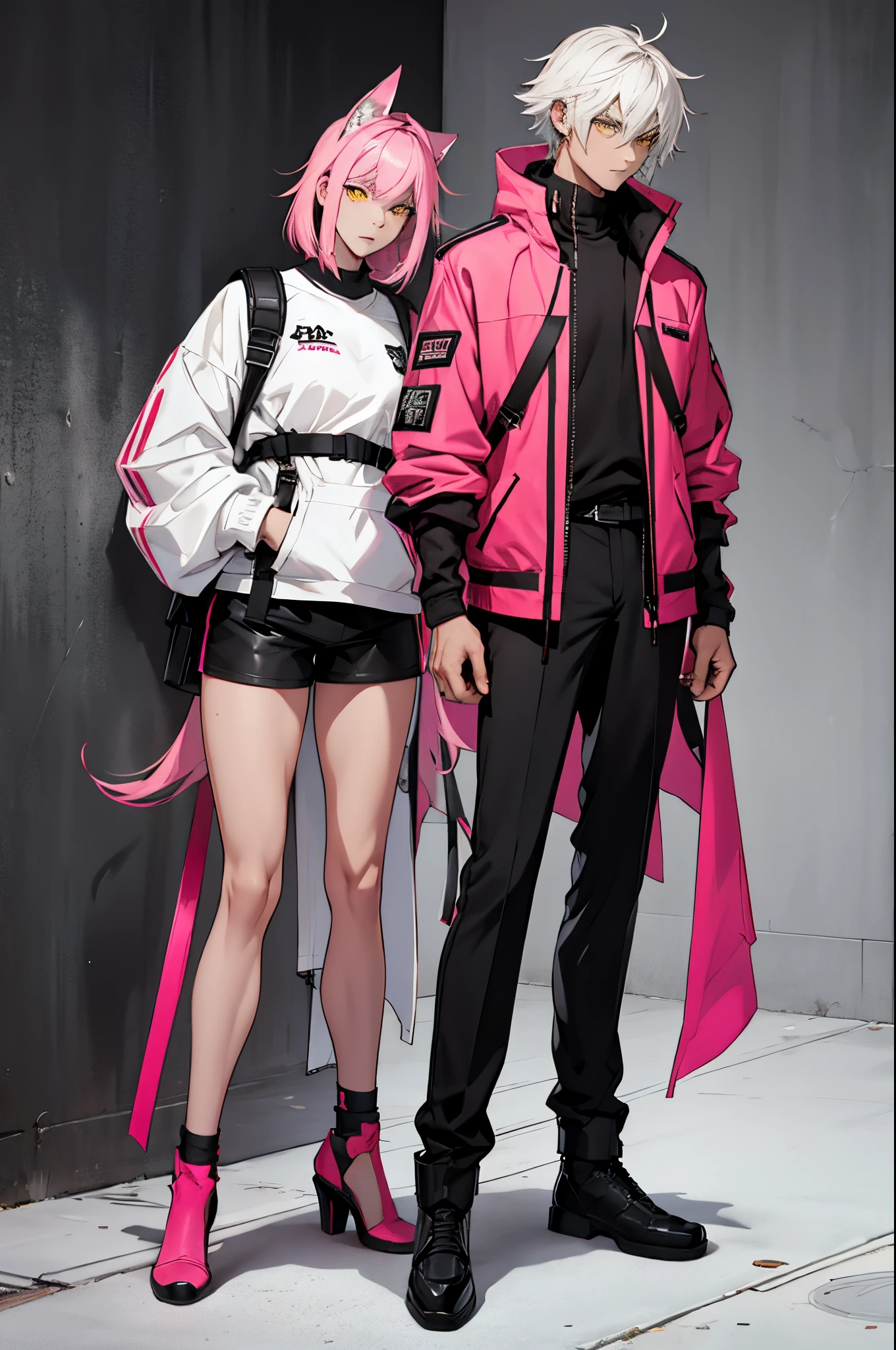 guy, black and pink duotone hair, yellow eyes, full body