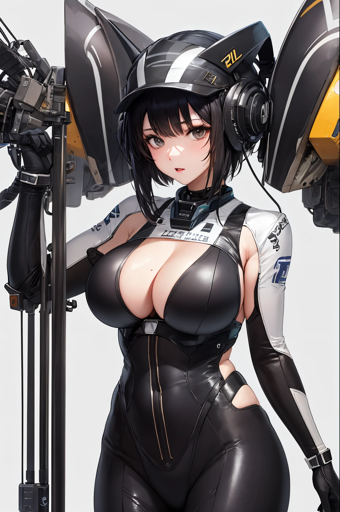 ​masterpiece、Top image quality、Black hair、Black bra、Colossal tits、mechs、animesque、8K,​masterpiece, bset quality,Colossal tits、（1girl in）、((Pit Girl Suit))、shinny skin、Shiny big、dark-brown eyes、 ((top-quality))、 Crisp focus:1.2、Highly detailed facial and skin texture、A detailed eye、face perfect、perfect bodies、art by、nffsw、Blur the background、japanes、Big breasts with a strong presence、Circuit field、Blur the background、Cowboy Shot、