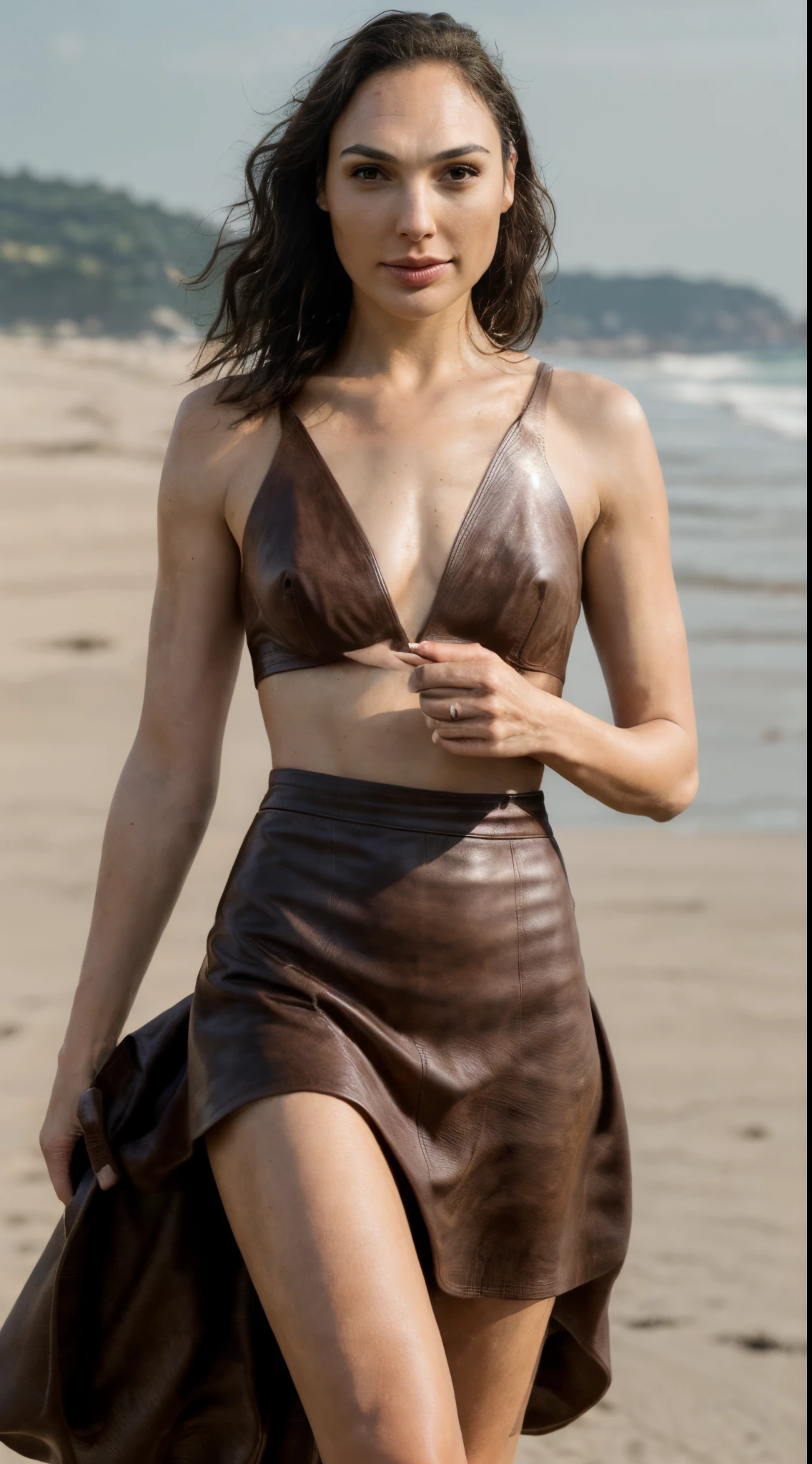 [ ( photo of Gal gadot) ] (random full body shot, stunning  female celebrity) (insanely detailed realistic  skin texture, buttery  skin tone, tall woman , tall figure) ( wearing : leather  skirt, walking on beach side streets ), (  long legs, big body ), (depth of field) (( perfect body parts,( hyper photorealistic  lighting) ,Clear facial features, 85mm, 100mm lens ))