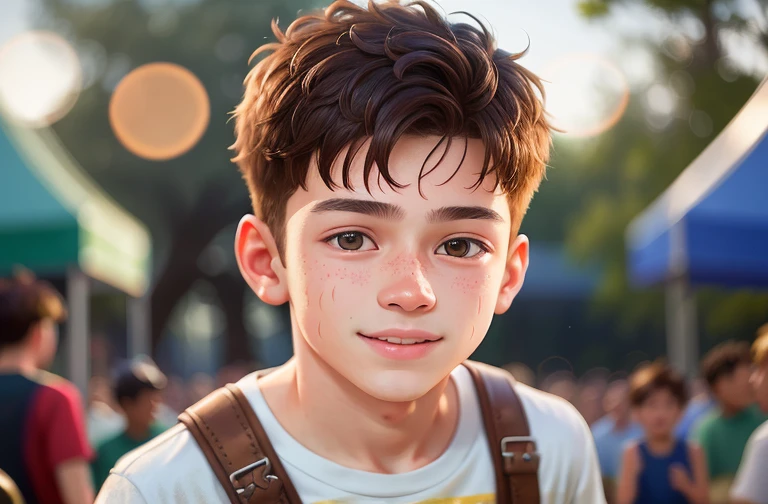 Gorgeous 15-year-old boy in an amusement park, happy, broad shoulders, clear focus (clutter - house: 0.8), (masterpiece: 1.2) (Realistic: 1.2) (Bokeh) (Best quality) (Detailed skin: 1.3) (Intricate details) (8K) (Detail eyes) (Sharp focus), (Happy)