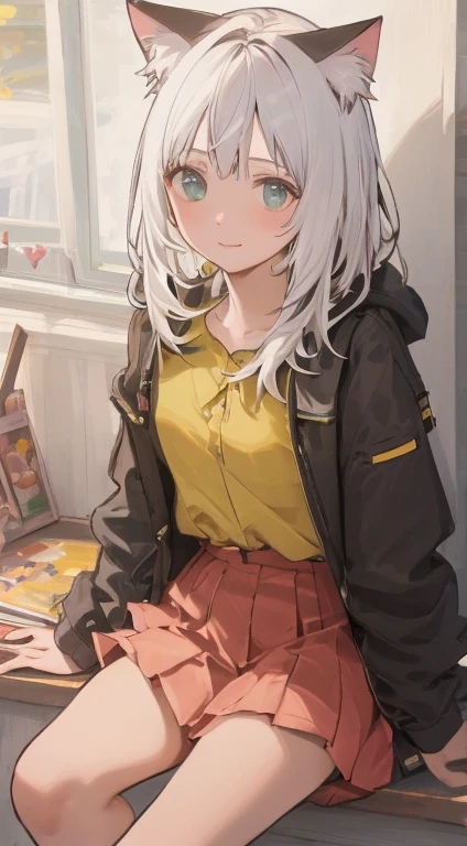 Cat ears, White hair, People drawing, girl,short skirt
