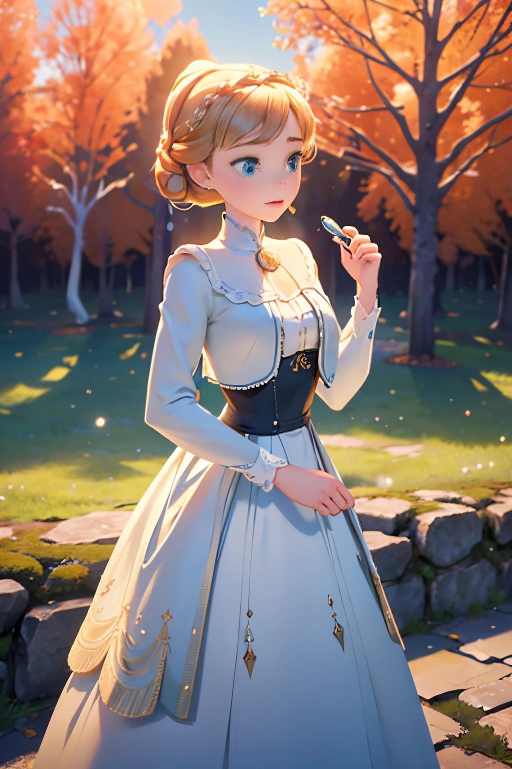 IImagine -year-olrginitis, a blonde woman with blue eyes, standing near a majestic ancient oak tree. She wears a modest but elegant white summer Victorian dress, adorned with subtle lace accents. A pair of classic pearl earrings graze her delicate ears, while she holds a copy of Charles Dickens' novel “A Christmas Carol.” In her left hand, she holds a magnifying glass, a symbol of her unwavering dedication to seeking the truths behind ghostly events. Surrounded by the serenity of nature and the enigmas of history, this image of her portrays her unique mix of intellect and romanticism.