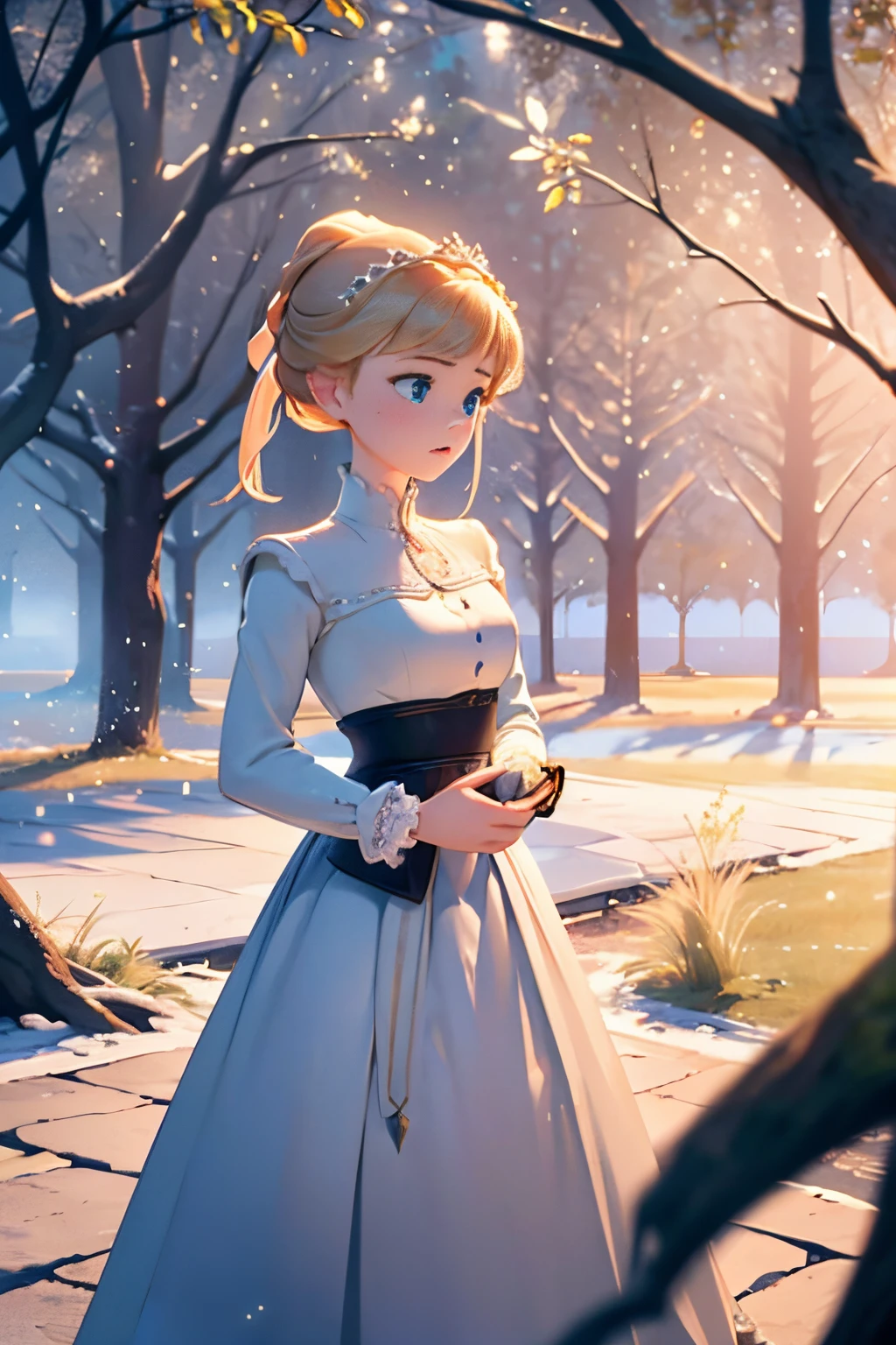 IImagine fifteen-year-old Virginia Otis, a blonde woman with blue eyes, standing near a majestic ancient oak tree. She wears a modest but elegant white summer Victorian dress, adorned with subtle lace accents. A pair of classic pearl earrings graze her delicate ears, while she holds a copy of Charles Dickens' novel “A Christmas Carol.” In her left hand, she holds a magnifying glass, a symbol of her unwavering dedication to seeking the truths behind ghostly events. Surrounded by the serenity of nature and the enigmas of history, this image of her portrays her unique mix of intellect and romanticism.