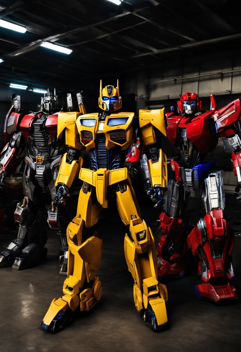 A group photo of me, Optimus Prime, Bumblebee, and the rest of the Autobots gearing up for our next mission in the hangar,Transformers series,bumblebee transformer autobot, male