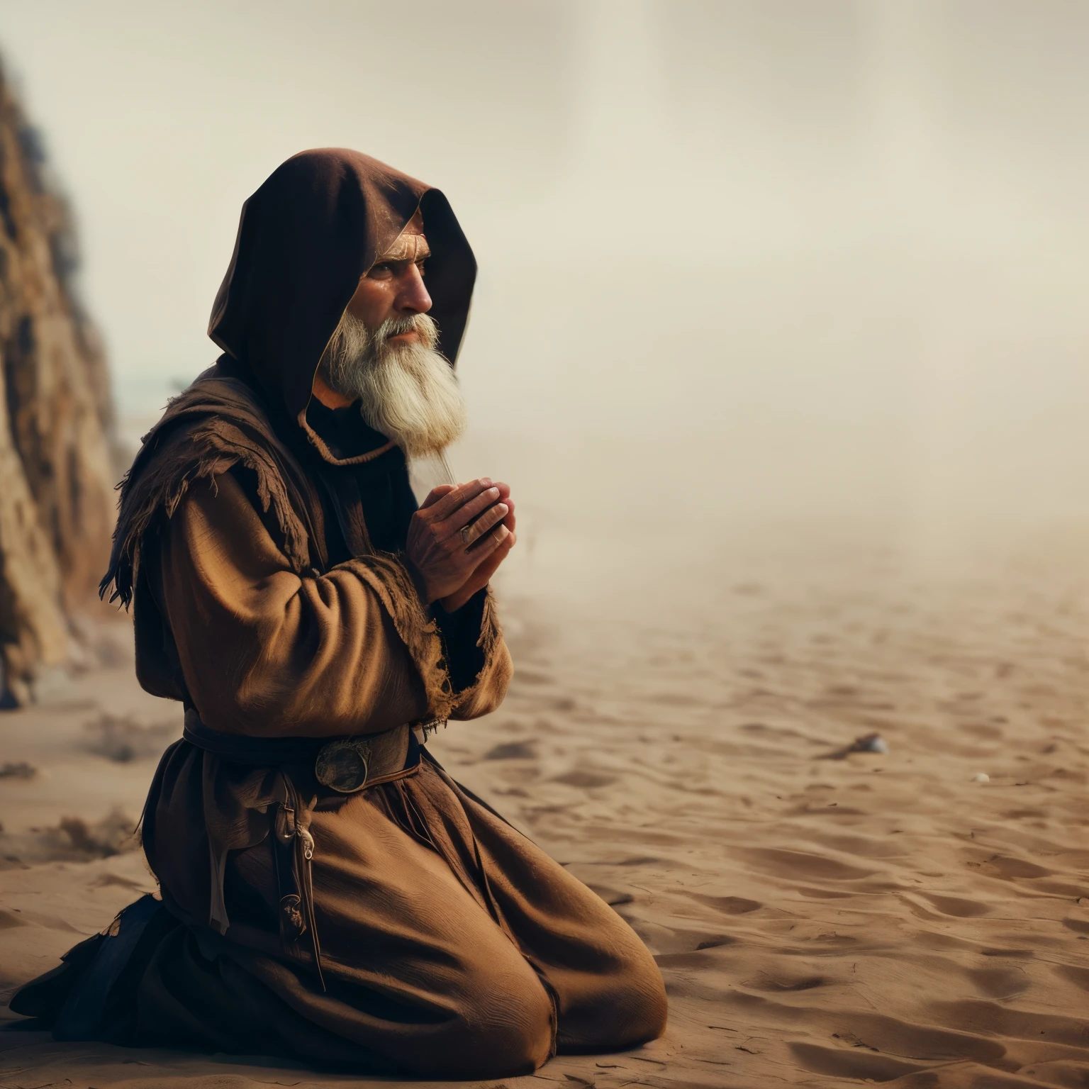 ruffled medieval monk in a hooded robe kneeling on the beach, holy man looking down at the ground, Velho Mestre Jedi, monge meditar, kneeling in prayer, a christian jedi, vestindo vestes marrons, Monge ucraniano, feiticeiro de areia, Mystic Hermit, monge, Deserto Fighter Mago Antigo, cheio de areia e poeira, poeira e areia no ar, Hora do Pai