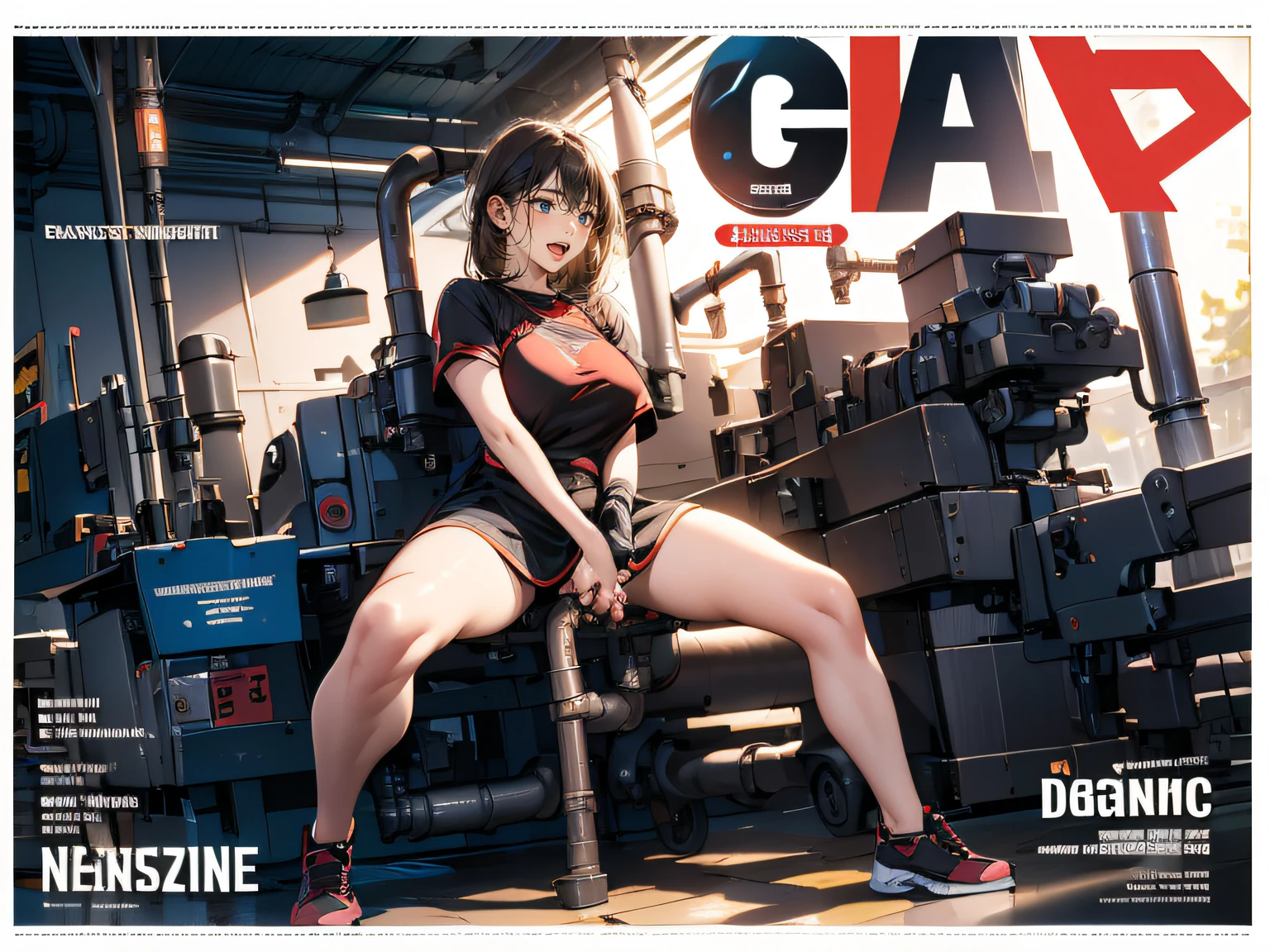 (((magazine's cover))), (large title), (many heading), (white border), (whole body), straddling to hit her crotch on exposed pipe, open legs, raise leg, open mouth, masturbation, orgasm face, in the factory, machines, ceiling, floor,