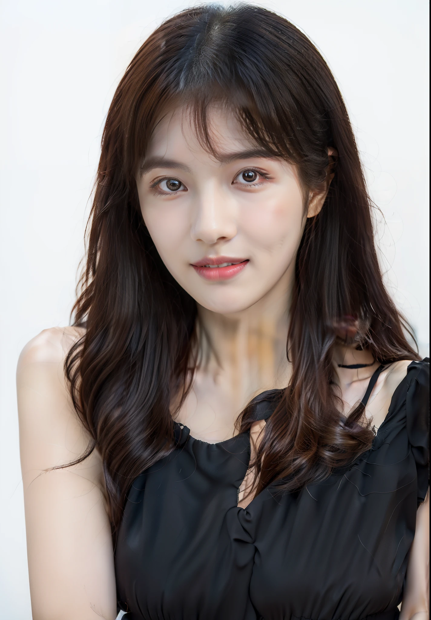 Arab asian woman with long brown hair and black dress, Portrait of female Korean idol, Young adorable Korean face, Beautiful young Korean woman, Gorgeous young Korean woman, female actress from korea, Cute Korean Actress, beautiful Korean women, neat hair with bangs, brown bangs, Korean Girl, lee ji - eun, lee ji-eun, jaeyeon nam