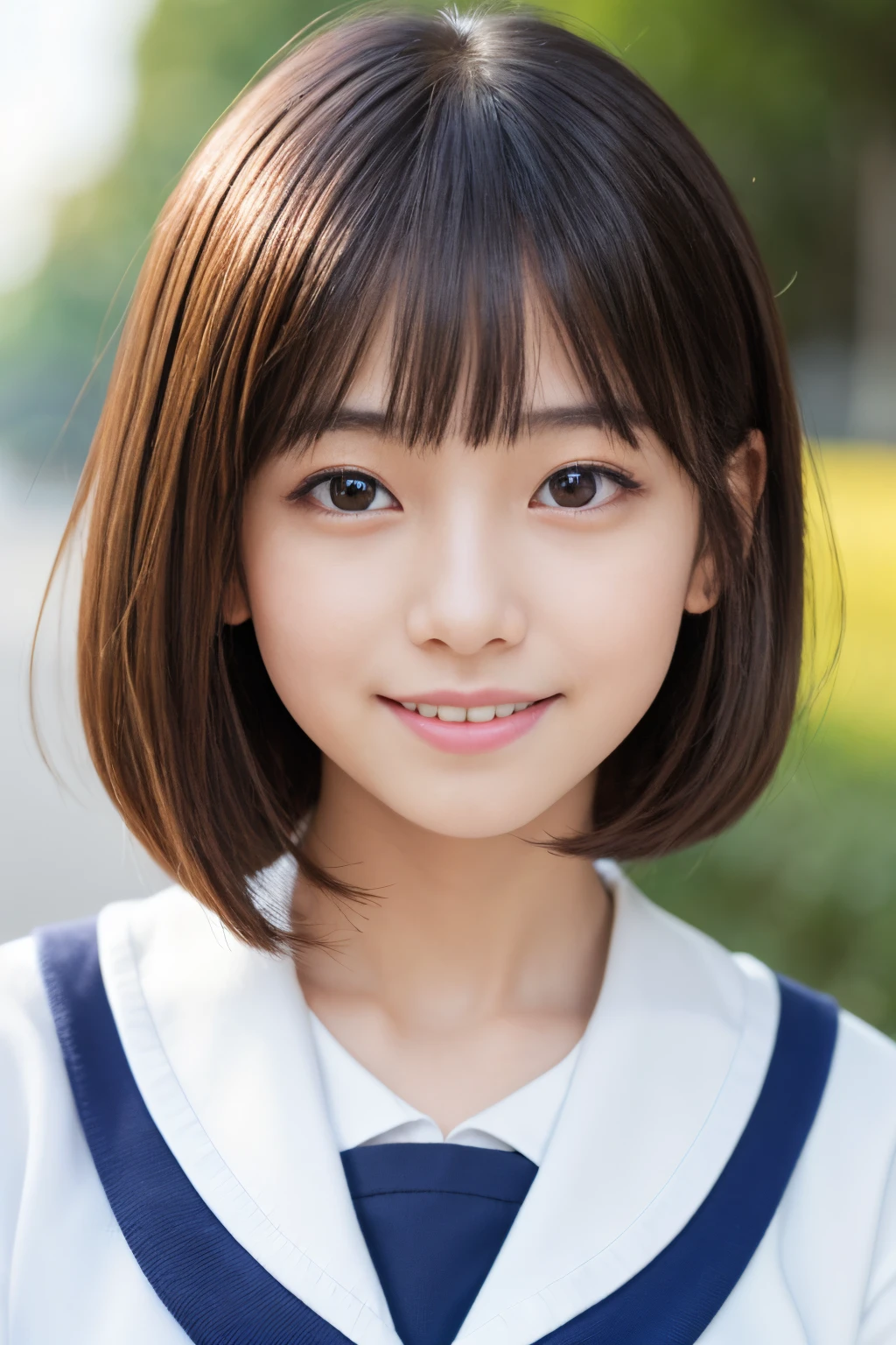 masutepiece, Best Quality, 8K、(Golden Ratio Face、Balanced eyes)、二重まぶた、An innocent face、Beautiful nasal muscles、a smile、lipgloss、Balanced style、Bob Hair、School Uniforms、a sailor suit