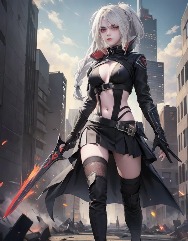 Anime girl with sword in the city with buildings in the background, badass anime 8 k, female action anime girl, estilo anime 4K, menina de anime cyberpunk feminino, Artgerm extremamente detalhado, garota anime cyberpunk, Modelo IG | Artgerm, por Yang J, arte cyberpunk anime, portrait of a female anime hero, arte digital do anime cyberpunk