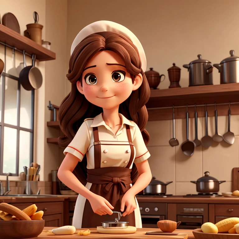 A mother is cooking in the kitchen, with long brown hair