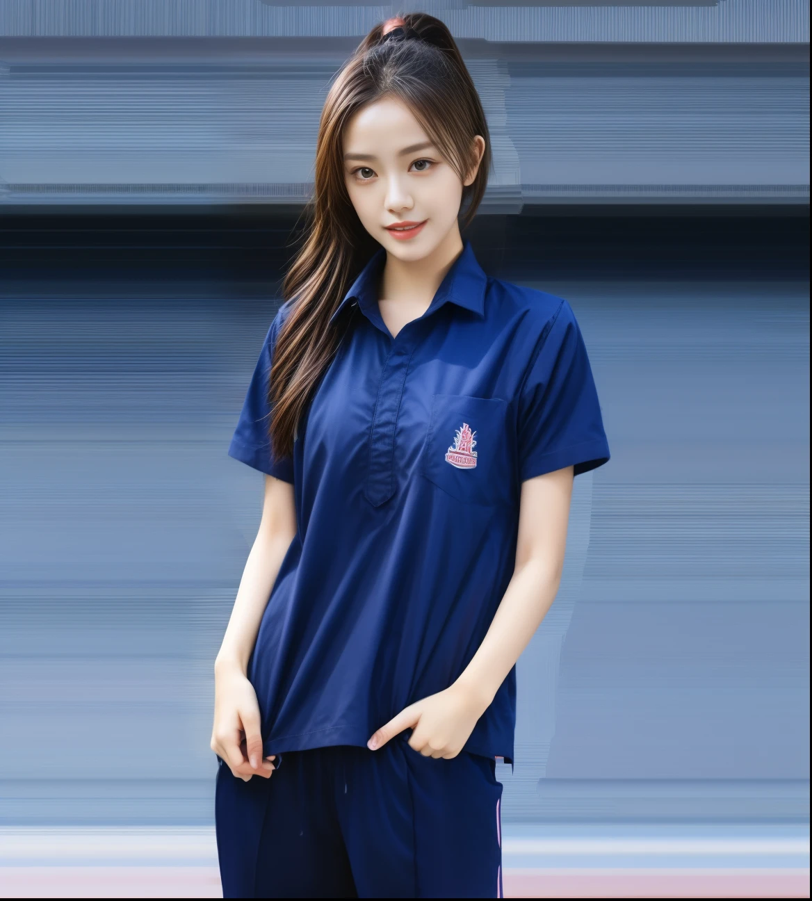 (bestquality,10,10,highres,masterpiece:1.2),ultra-detail,(Realistic,photorealistic portrait,photo-realistic:1.37),1 Cute girl in the football field,oily shiny skin,bara,light smile,BDclothes,((blue shirt:1.3)),short sleeves,shirt, trousers.,(navy_long_Pants Track:1.1), ((Stadium Background:1.3)),dynamic angle,excited,face focus,Dynamic Poses,from behide,Ass Focus,masterpiece, bestquality, ultra realistic, hyper-detail, 8k resolution, RAW photo, crisp focus, ((Navy blue shirt:1.1)), short sleeves, Long Path, Perfect body, 2 mature women, 18yo, cinematic light,Blue sweatpants,Gymware,Correct anatomy,Complete body, Correct body, sharp face, Anatomically correct body, full entire body, Realistic gestures, long-haired, Realistic poses,Wear long shorts...........................,Long leg span,Shapely,Sculpting Girl, Slender Figure, mannequin mannequins, Shapely, Beautiful body,Blue sweatpants, Two girls kissing