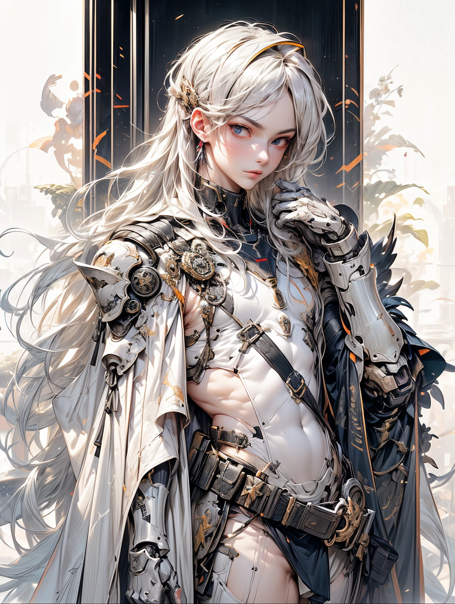 (((An epic and visually stunning digital anime masterpiece featuring a sylphlike masculine ((male:1.5)) decorated military soldier angel clad in a sleek yet tactical armored yet decorated military trench coat:1.2))), (((flat masculine male chest:1.5, mechanical mecha knight head with a narrow visor:1.5))), (((the character is adorned in a (scifi tactical armored open front trench coat with a built in exoskeleton, hood pulled up) (over a form fitted armor plated yet super sleek and revealing under suit with waist cut outs), the armor plating on the upper arms and shoulders beautifully engraved))):1.4. The image showcases the intricacies of the character’s armor and clothing:1.5, ((capturing their flamboyant essence and heavy mecha aesthetic:1.2)). The character also possesses an androgynous charm, (((with slim yet heavily muscled physique:1.2, sylphlike with a sleek waist, toned yet beautifully sleek cybernetic arms:1.3, mechanical arms and legs:1.3, mecha muscles:1.3))), looking at viewer, (((dieselpunk:1.3)))