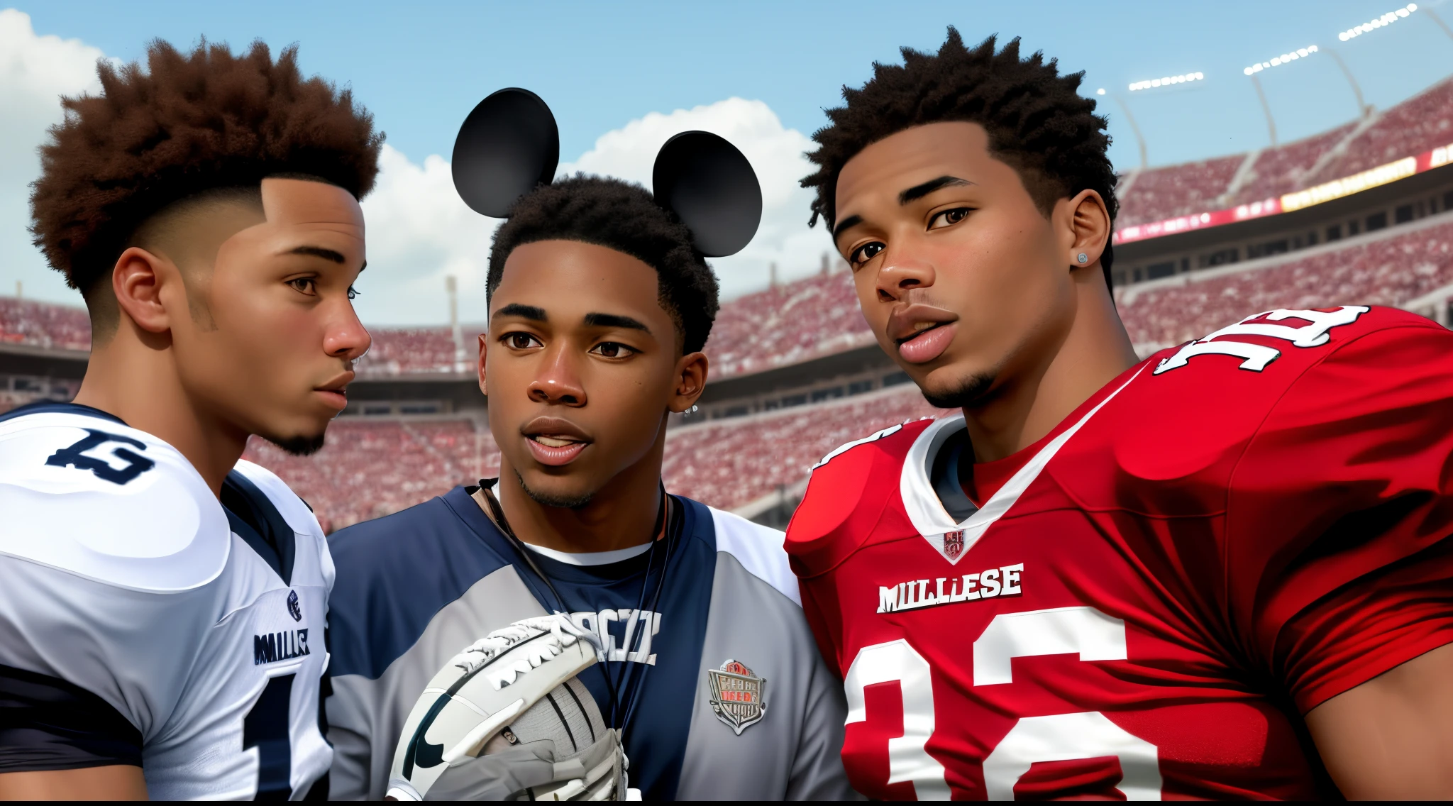 Nick saban, jalen Milroe, and a football referee with Mickey Mouse