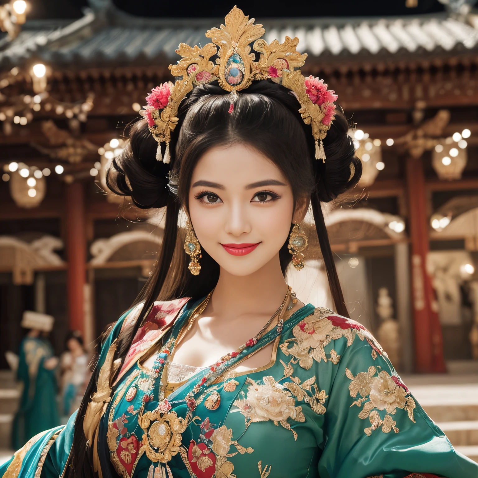 ((top-quality、masutepiece、8K、Top image quality、Highly complex and detailed depictions))、(Full body photo of a princess from the Heian period:1.3)、The gorgeous city of Chang'an at night、((The most gorgeous Heian period princess gigantic costume、the most vivid and luxurious costumes、big long costume、The most luxurious and huge capital of the Heian period、An unimaginably luxurious building、A very luxurious and huge city、huge city at midnight、Very complex decoration、very clear huge architecture))、(View me、Bewitching smile、Perfect makeup、long eyelashes、lipsticks、Vibrant eyeshadow、perfect anatomia、A slight smil)、(Clear and luxurious capital background:1.3)、the biggest smile when you look at me、beautiful smiling face、Smiling Princess、Heian period princess hairstyle、A city with a clear background、Depth of field is deep、A city with a clear background