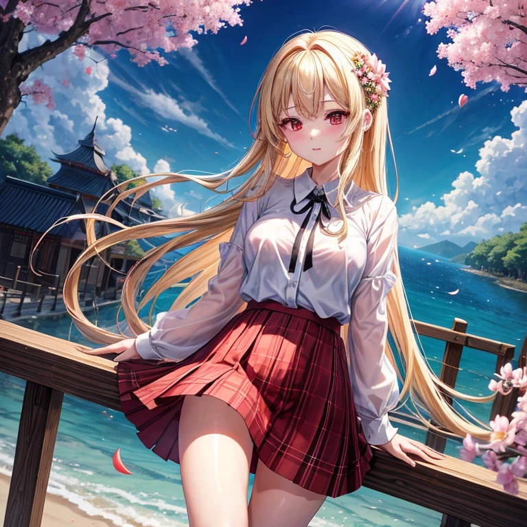 a blond、red eyes、one good looking girl、独奏、animesque、lightly dressed、Plaid miniskirt、flower petals、bare-legged、wetting hair、Black T-shirt、large tree、cherry trees、sea of clouds、evening glow、The sword