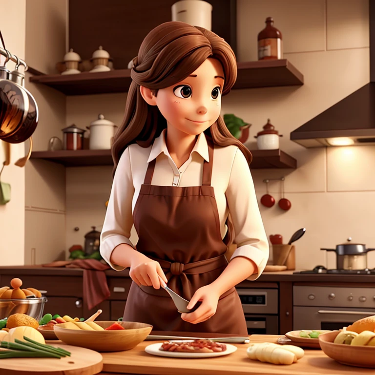 A mother is cooking new year's dinner, with long brown hair