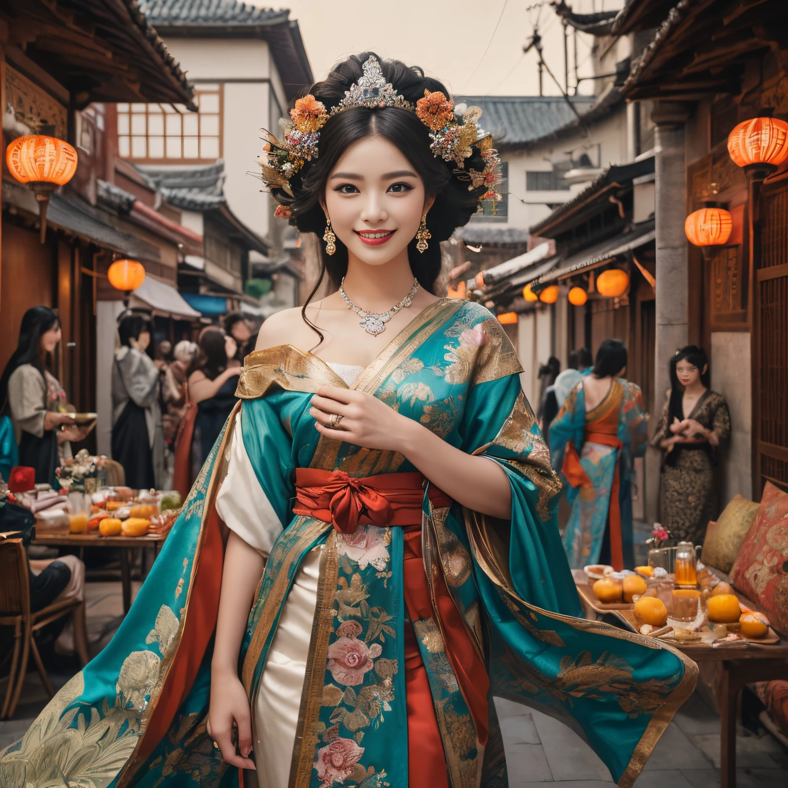 ((top-quality、masutepiece、8K、Top image quality、Highly complex and detailed depictions))、(Full body photo of a princess from the Heian period:1.3)、The gorgeous city of Chang&#39;an at night、((The most gorgeous Heian period princess gigantic costume、the most vivid and luxurious costumes、big long costume、The most luxurious and huge capital of the Heian period、An unimaginably luxurious building、A very luxurious and huge city、huge city at midnight、Very complex decoration、very clear huge architecture))、(View me、Bewitching smile、Perfect makeup、long eyelashes、lipsticks、Vibrant eyeshadow、perfect anatomia、A slight smil)、(Clear and luxurious capital background:1.3)、the biggest smile when you look at me、beautiful smiling face、Smiling Princess、Heian period princess hairstyle、A city with a clear background、Depth of field is deep、A city with a clear background