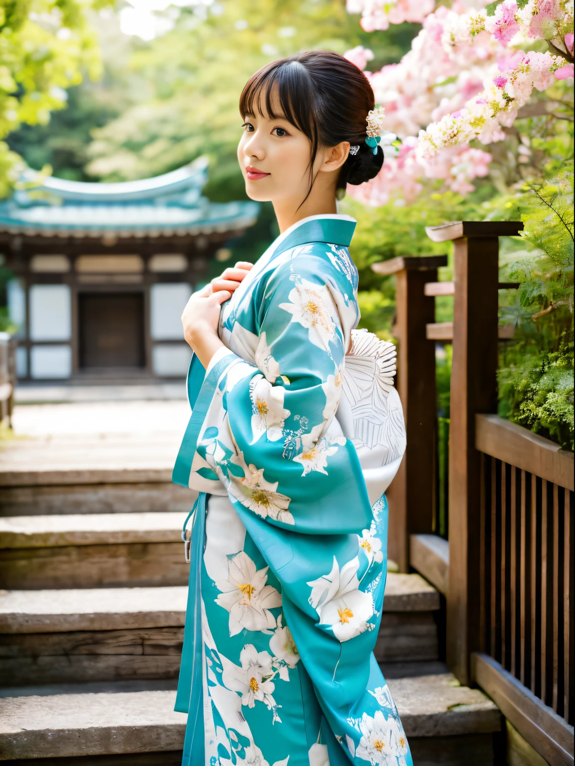 Very beautiful facial details,1girl in, Solo, From  above, (White lily flowers), Aesthetic, Best Quality, Detailed background,  ((Girl in patterned kimono:1.2)), (Walk through the Zen Gardens),  Casual pose, Detailed textures, Posing, with floral pattern, Hair Flower, Light blue kimono, Kimono, Obi,Details of face,Full-body high-definition images, Outdoors,  flower petals, (Teal kimono), The background image is、, shrines,  stone stairs, torii,