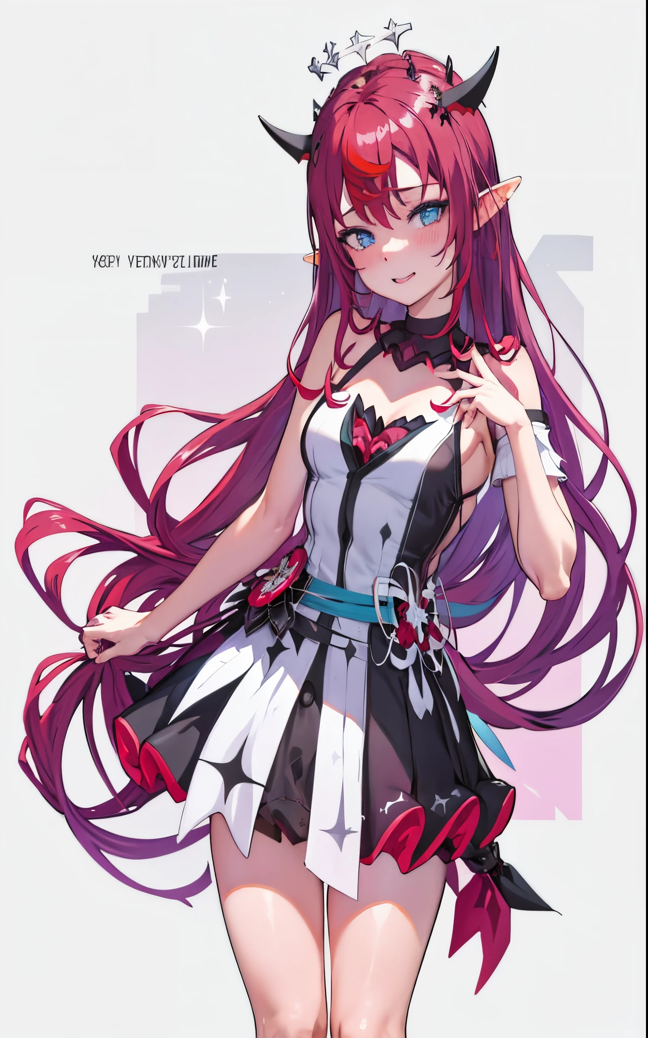 anime girl with red hair and horns posing for a picture, IRyS, hololive, seductive anime girl, at pixiv, r/art, r / art, r /art, pixiv 3dcg, rin, elf girl wearing an flower suit, zerochan, pixiv, top rated on pixiv, IRyS hololive, white halo, black halo, right eye magenta, left eye cyan